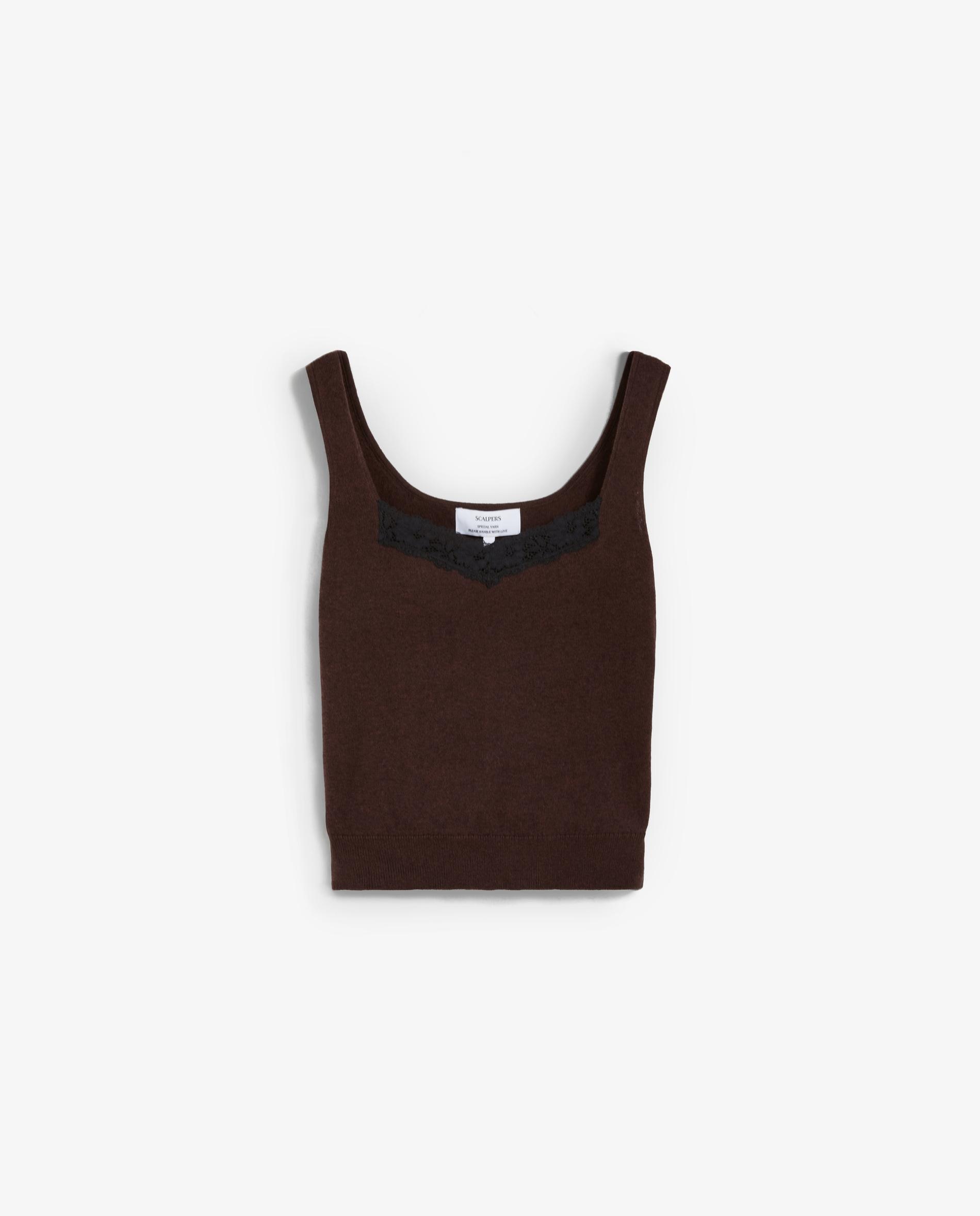 Top de mujer de punto con detalle de encaje - Scalpers - Marrón Marrón-5