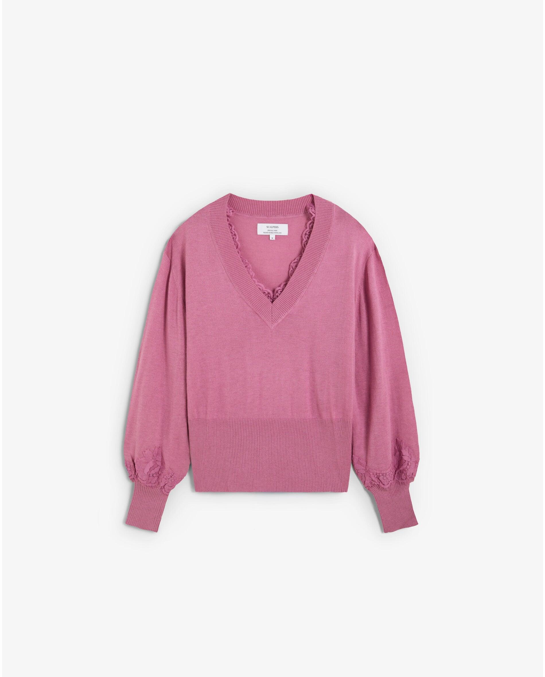 Jersey de mujer con escote de pico y detalle de encaje - Scalpers - Rosa Rosa-1