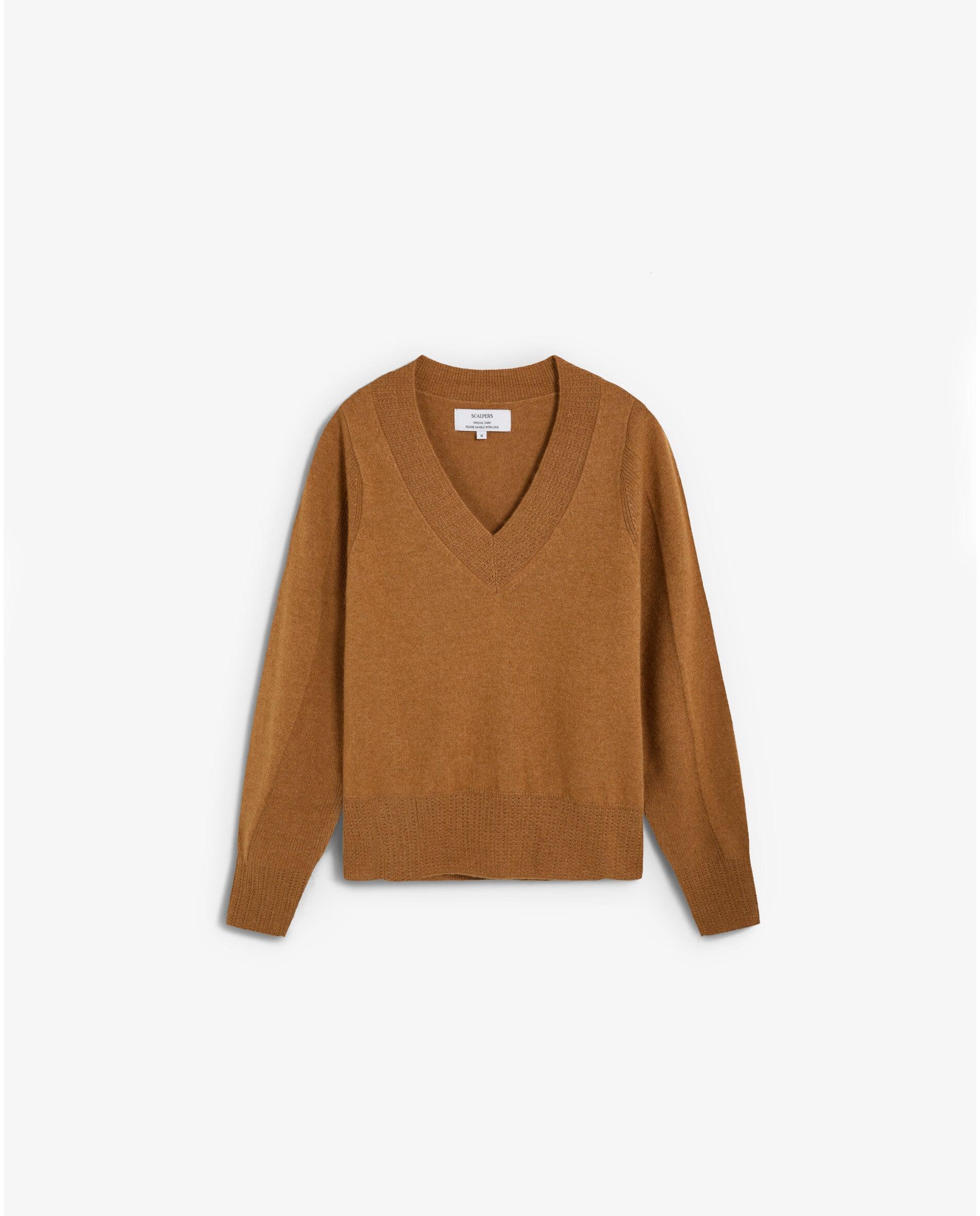 Jersey de mujer de punto liso con cuello de pico - Scalpers - Castaño claro Castaño claro-1