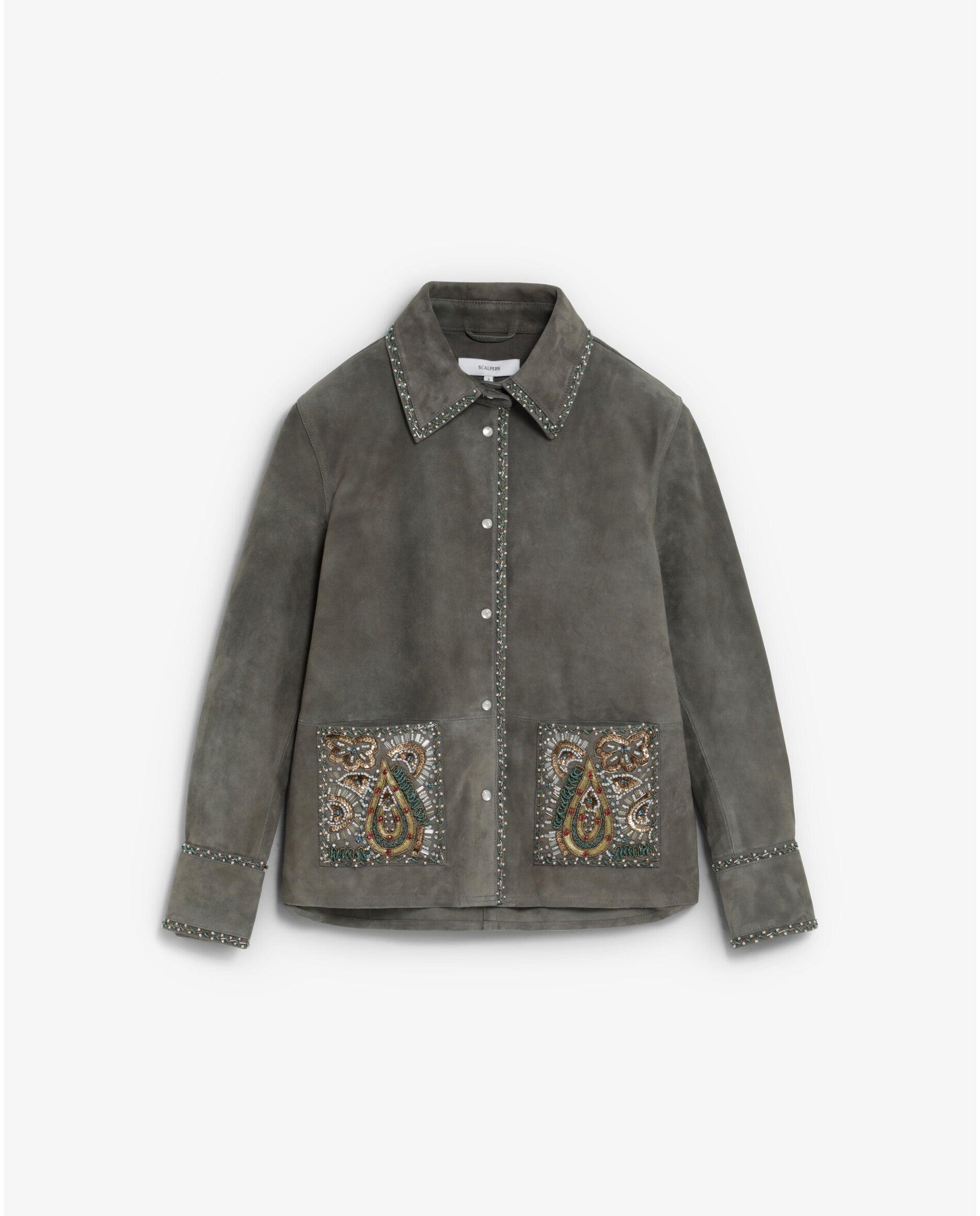 Chaqueta de mujer de ante con bolsillos bordados - Scalpers - Gris Gris-1