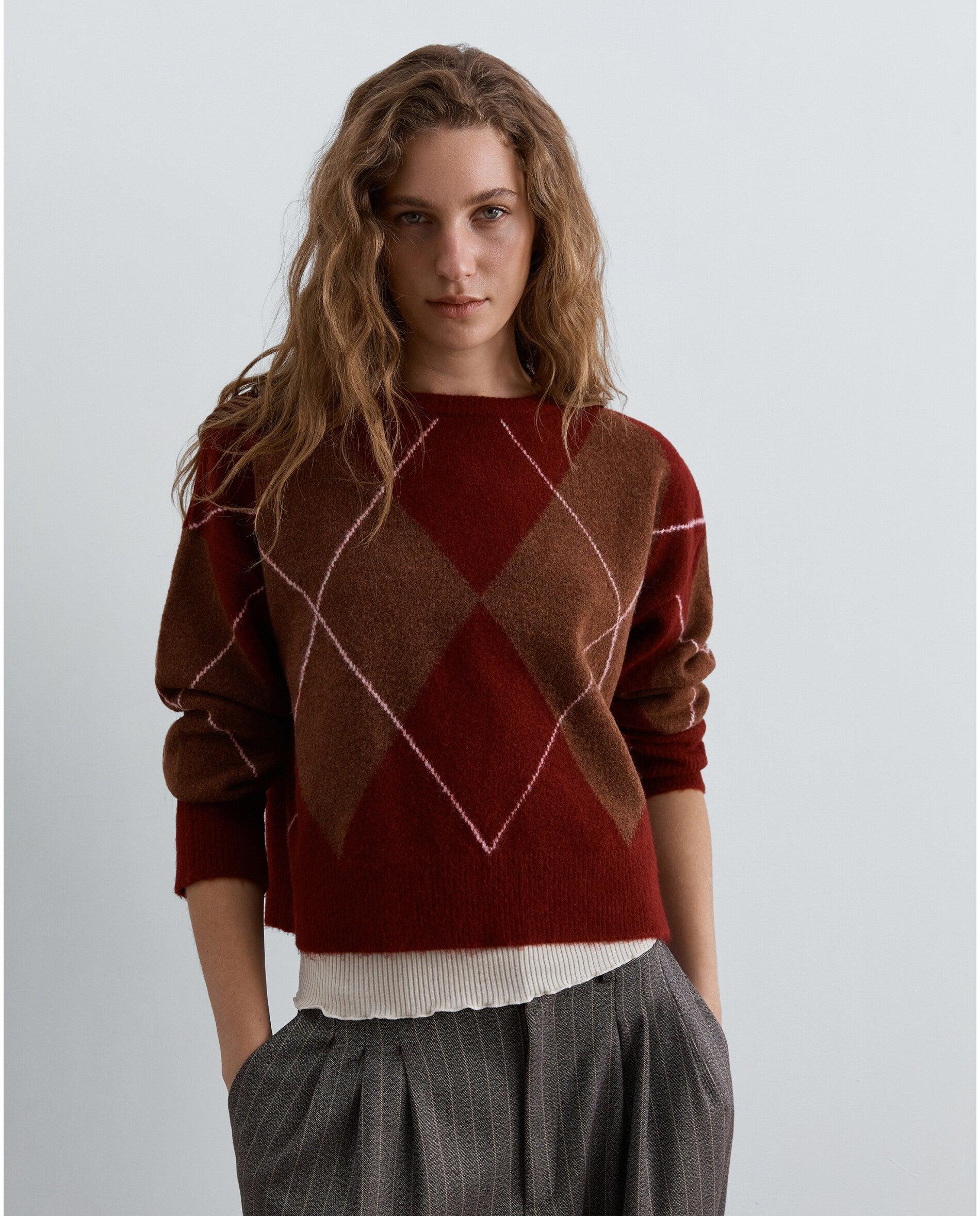 Jersey de mujer con cuello redondo y estampado de rombos - Scalpers - Burdeos Burdeos-1