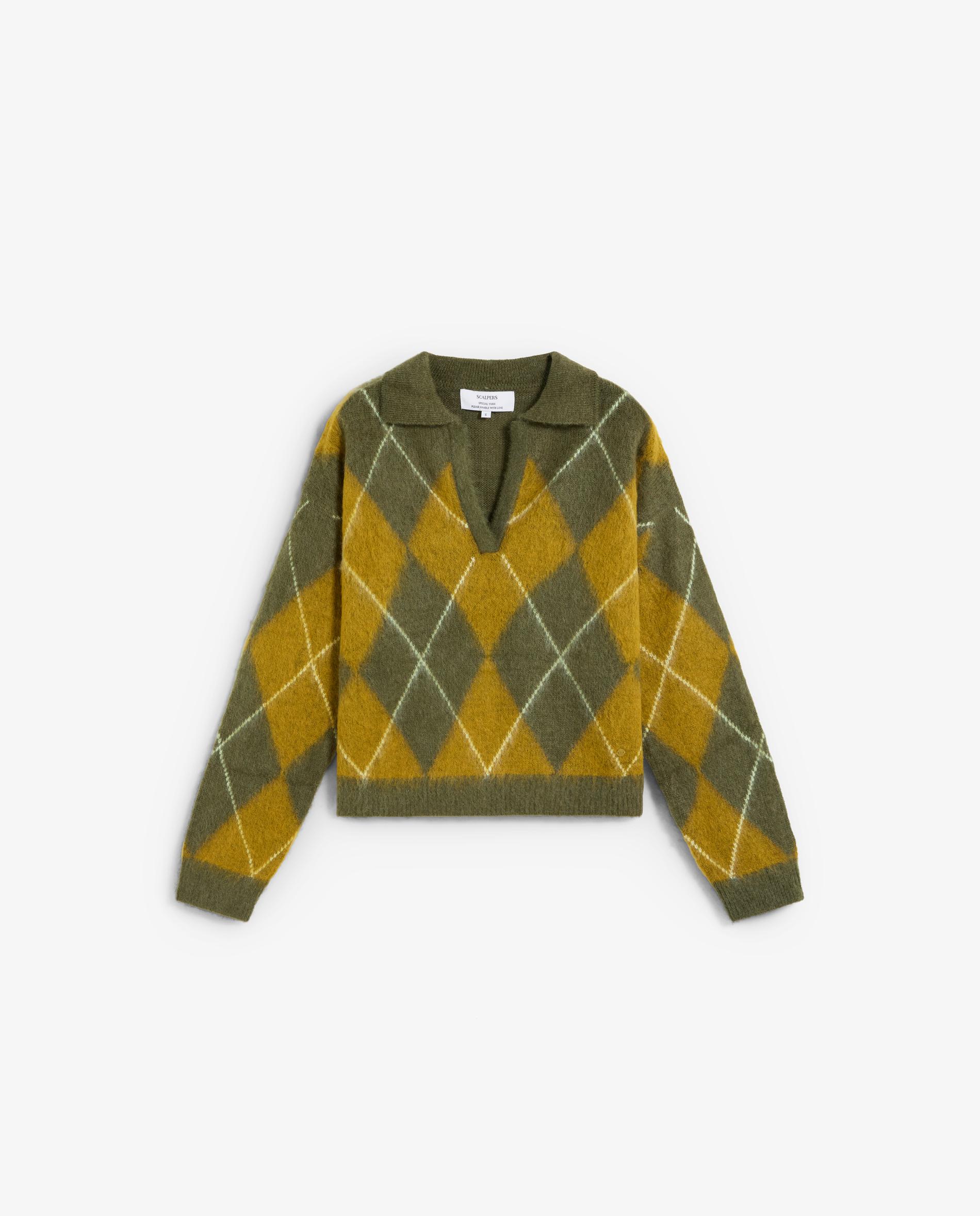 Jersey de mujer con cuello polo y estampado de rombos - Scalpers - Verde Oliva Verde Oliva-1