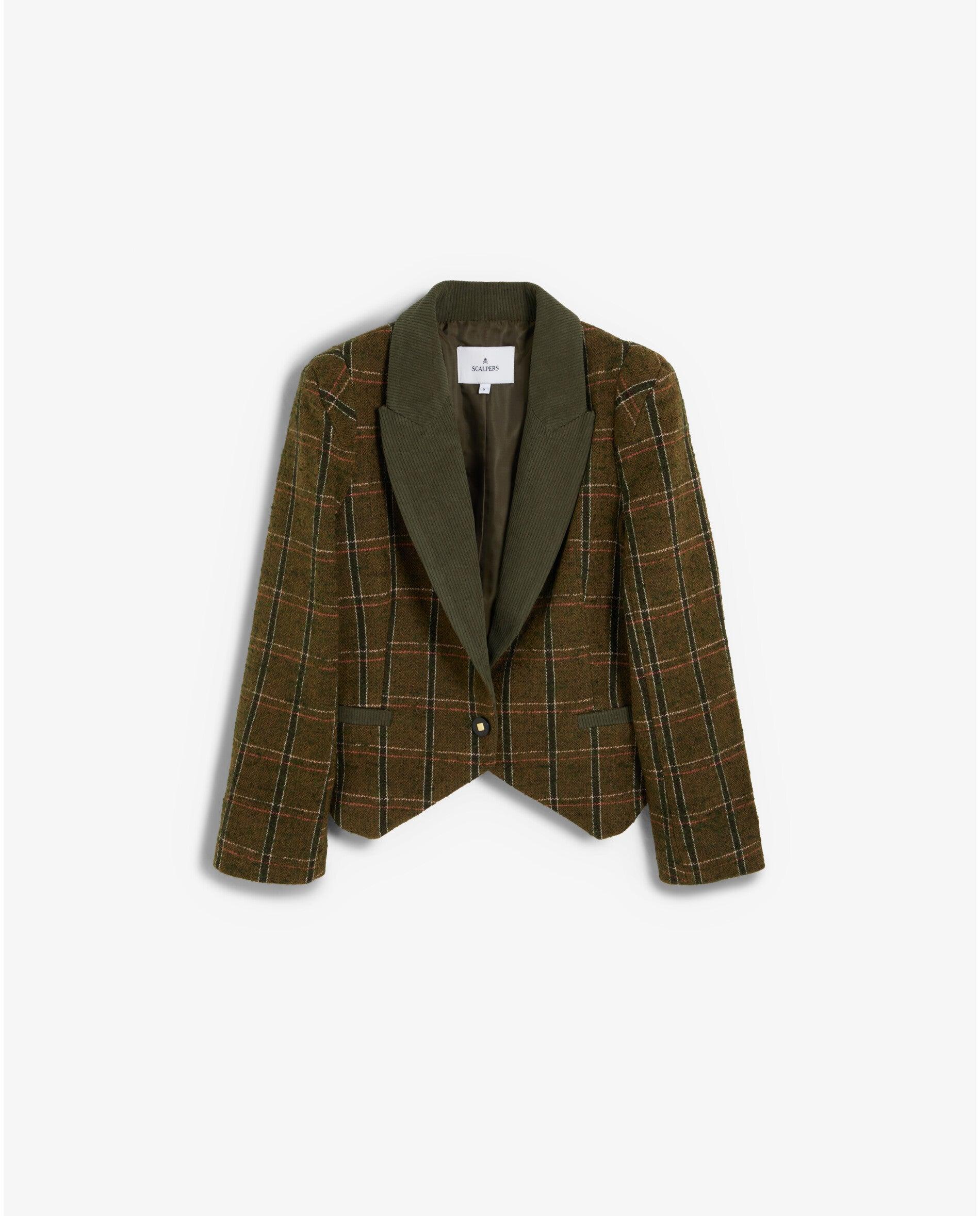 Imagen 0 de Blazer de mujer con estampado de cuadros y solapas de pana Verde militar