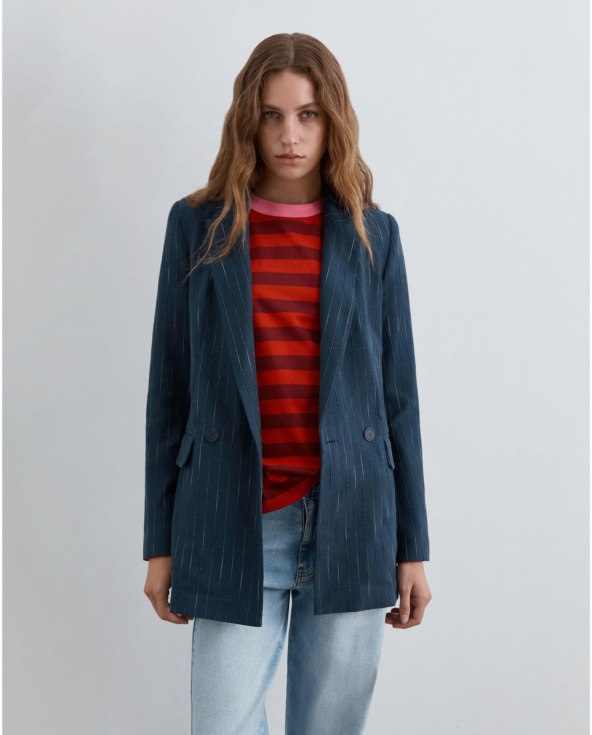 Blazer de mujer regular fit en tejido de rayas con lurex - Scalpers - Azul oscuro Azul oscuro-1