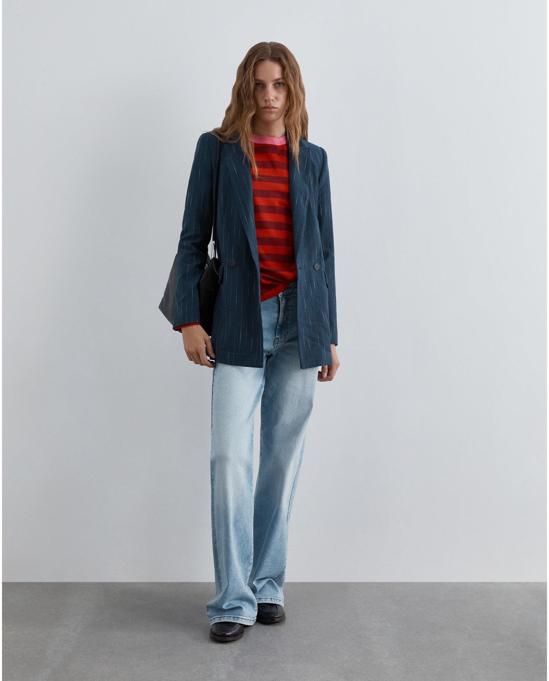 Blazer de mujer regular fit en tejido de rayas con lurex - Scalpers - Azul oscuro Azul oscuro-3