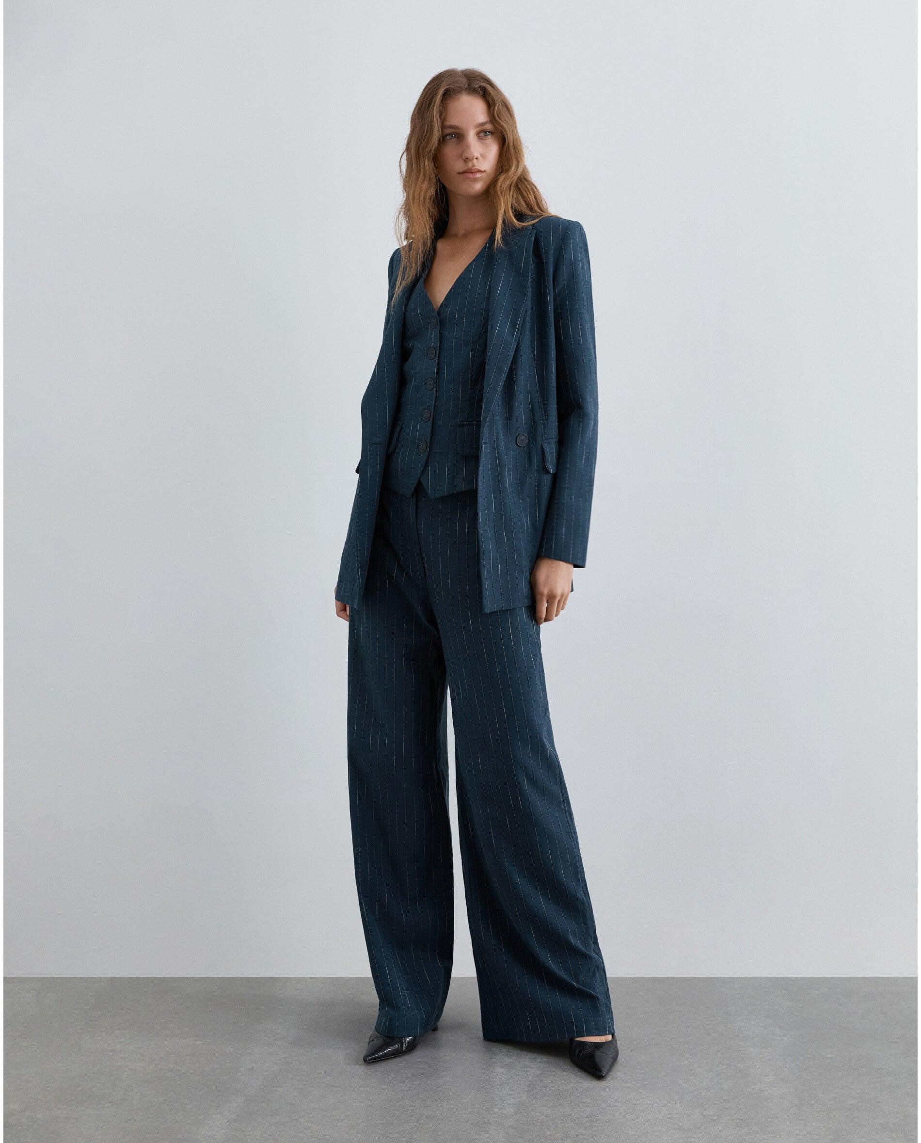 Blazer de mujer regular fit en tejido de rayas con lurex - Scalpers - Azul oscuro Azul oscuro-4