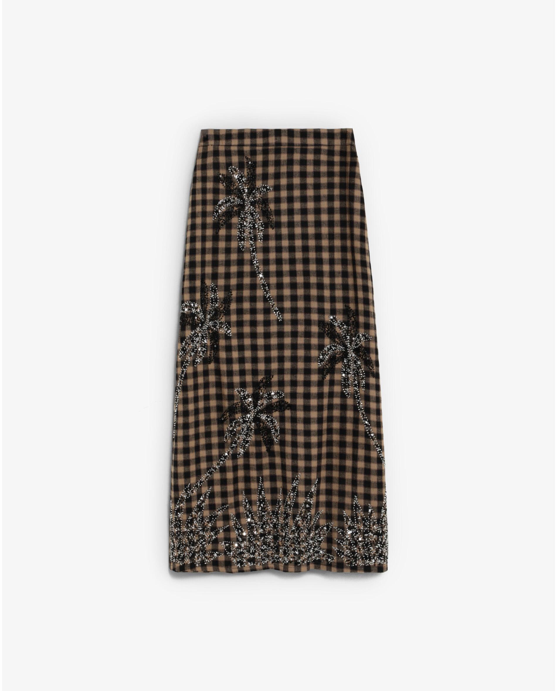Imagen 0 de Falda midi con estampado vichy y detalles bordados con lentejuelas Caramelo