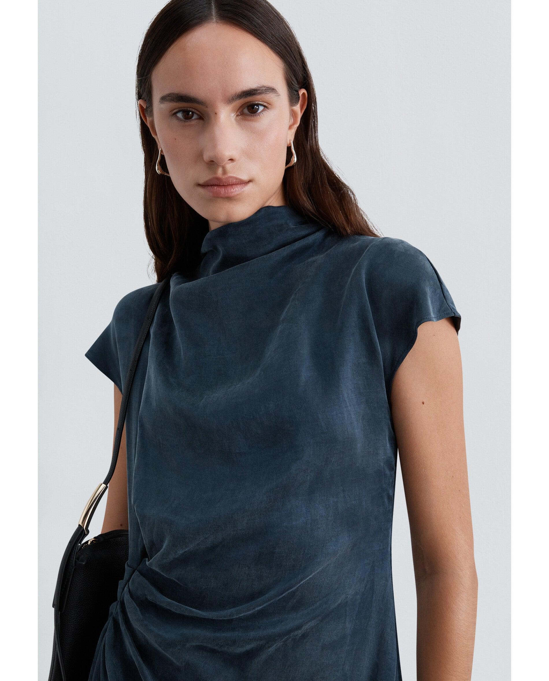 Vestido midi de manga corta con cuello drapeado - Scalpers - Navy Navy-5
