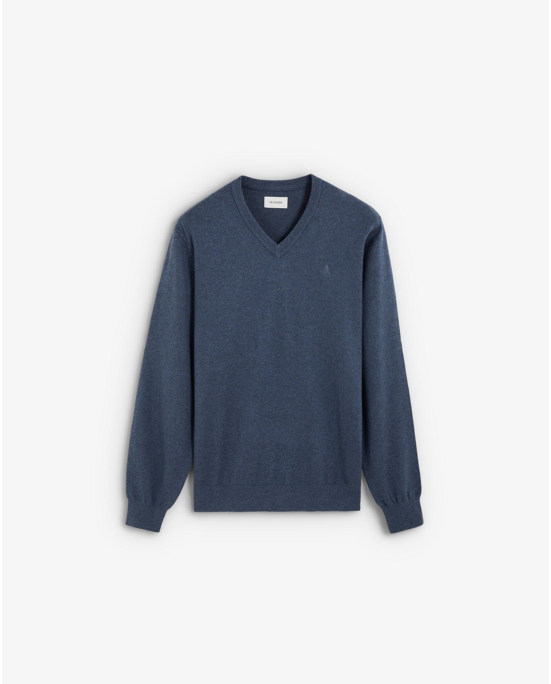 Jersey de hombre con cuello de pico y calavera bordada a tono - Scalpers - Azul índigo Azul índigo-1