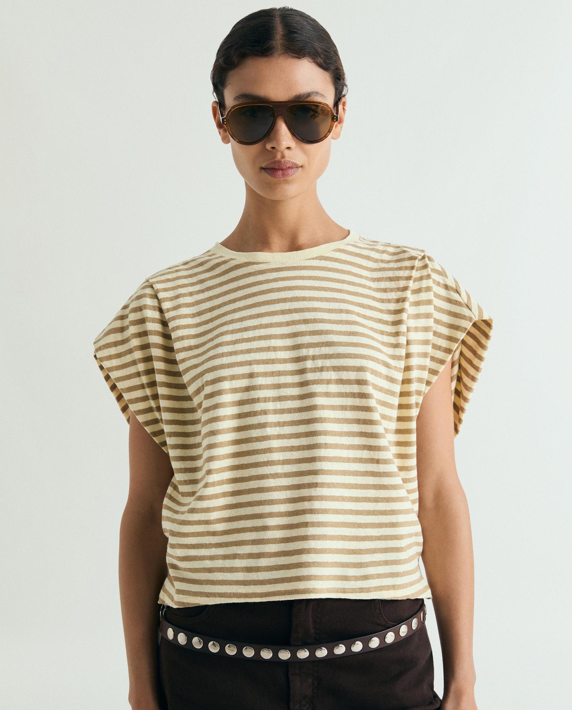 Scalpers - Camiseta de mujer de rayas con pliegues en los hombros.