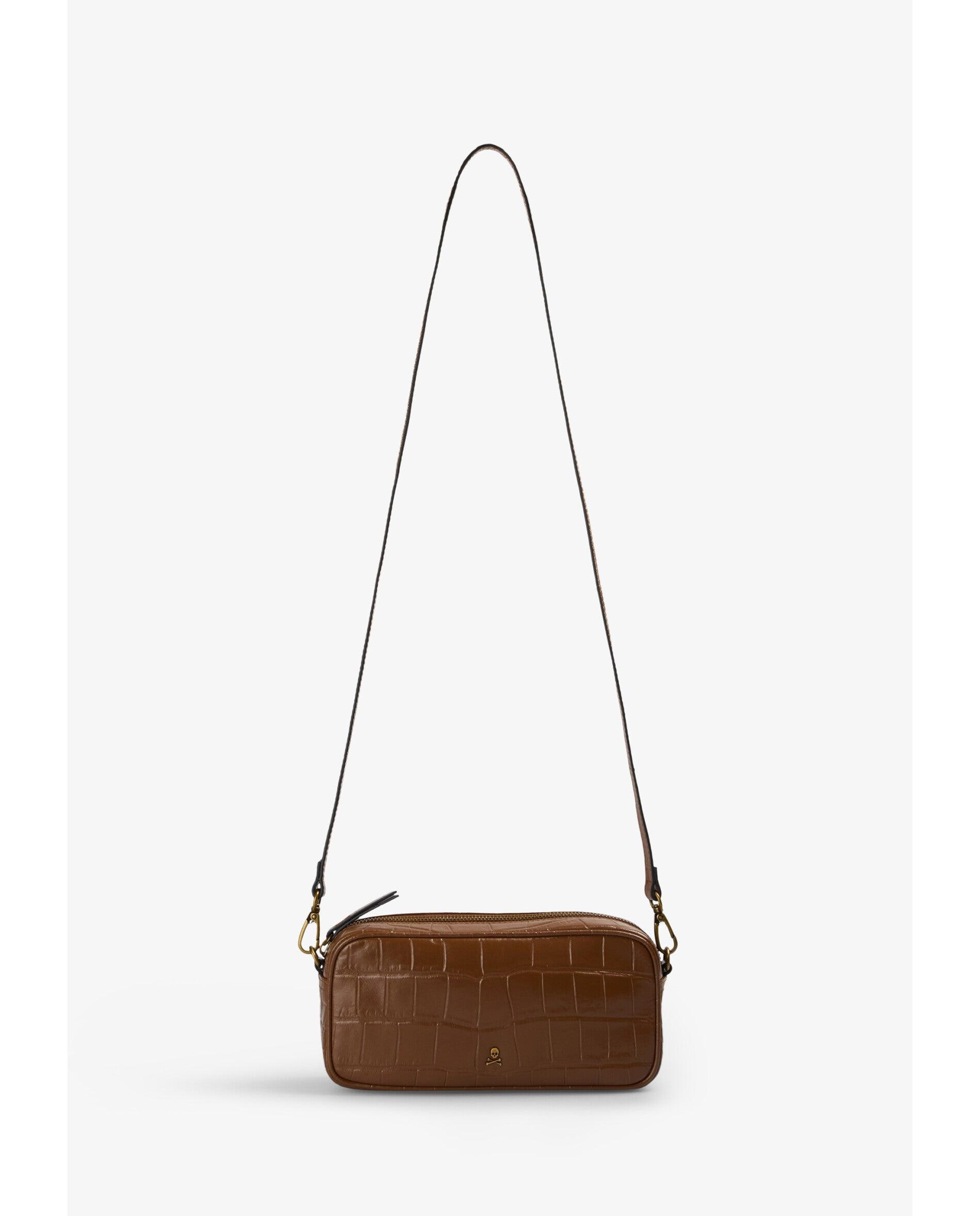 Bandolera de mujer tipo baguette de piel con textura - Scalpers - Caramelo Caramelo-1