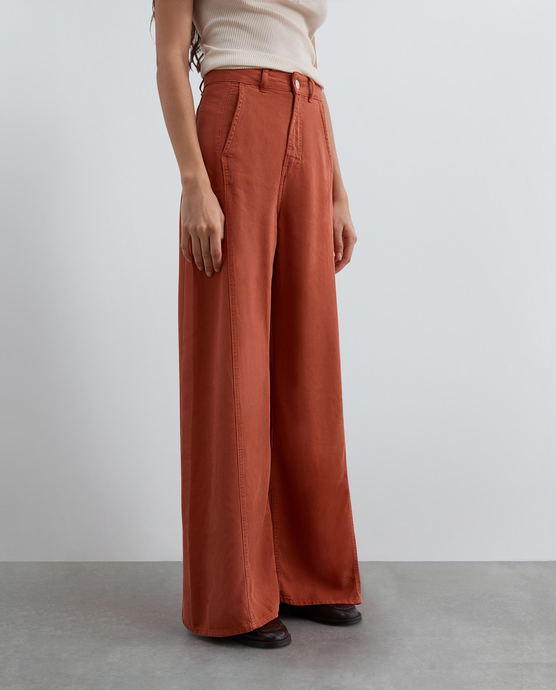 Pantalón ancho de mujer de tiro medio con costuras vistas - Scalpers - Terracota Terracota-2