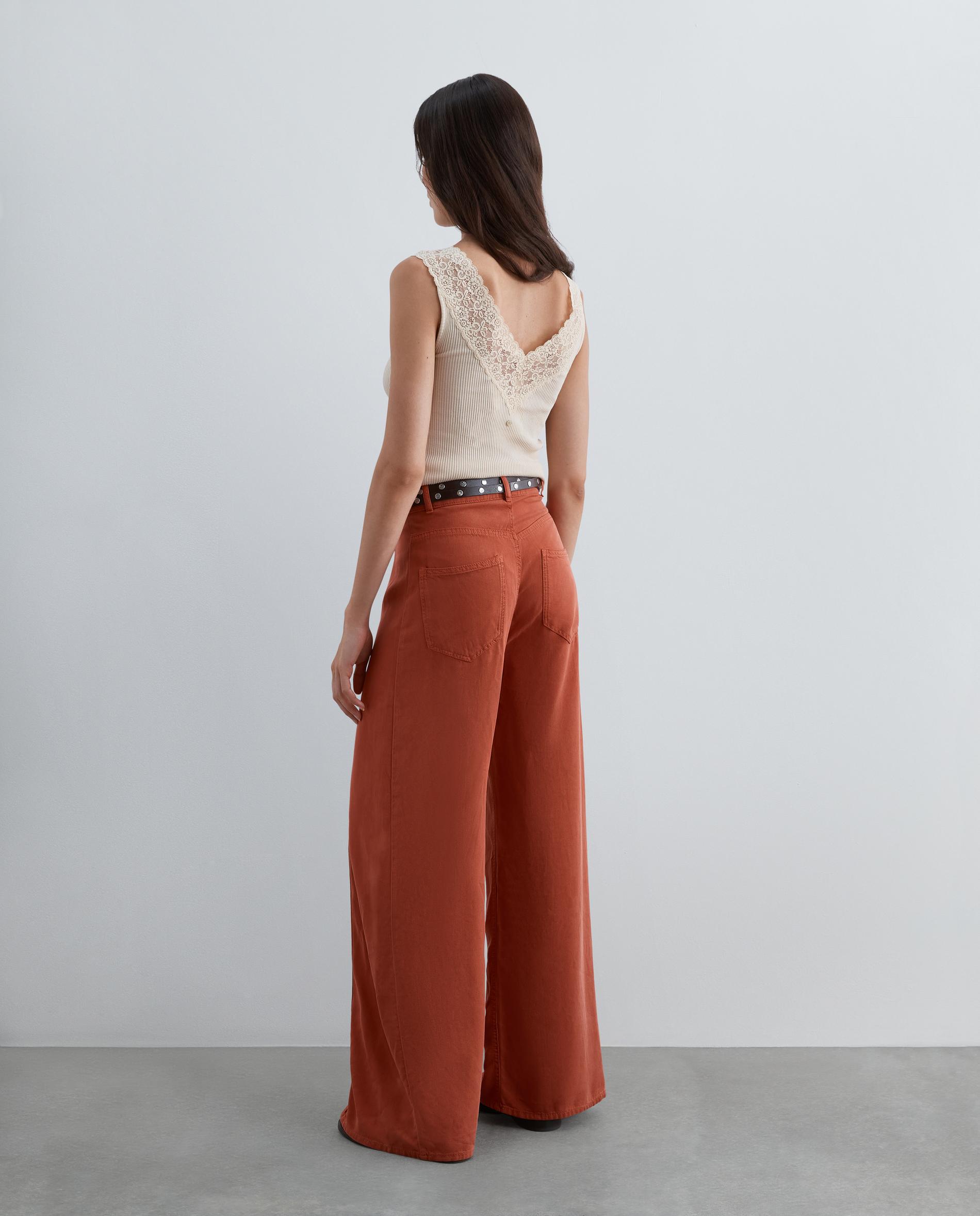 Pantalón ancho de mujer de tiro medio con costuras vistas - Scalpers - Terracota Terracota-3
