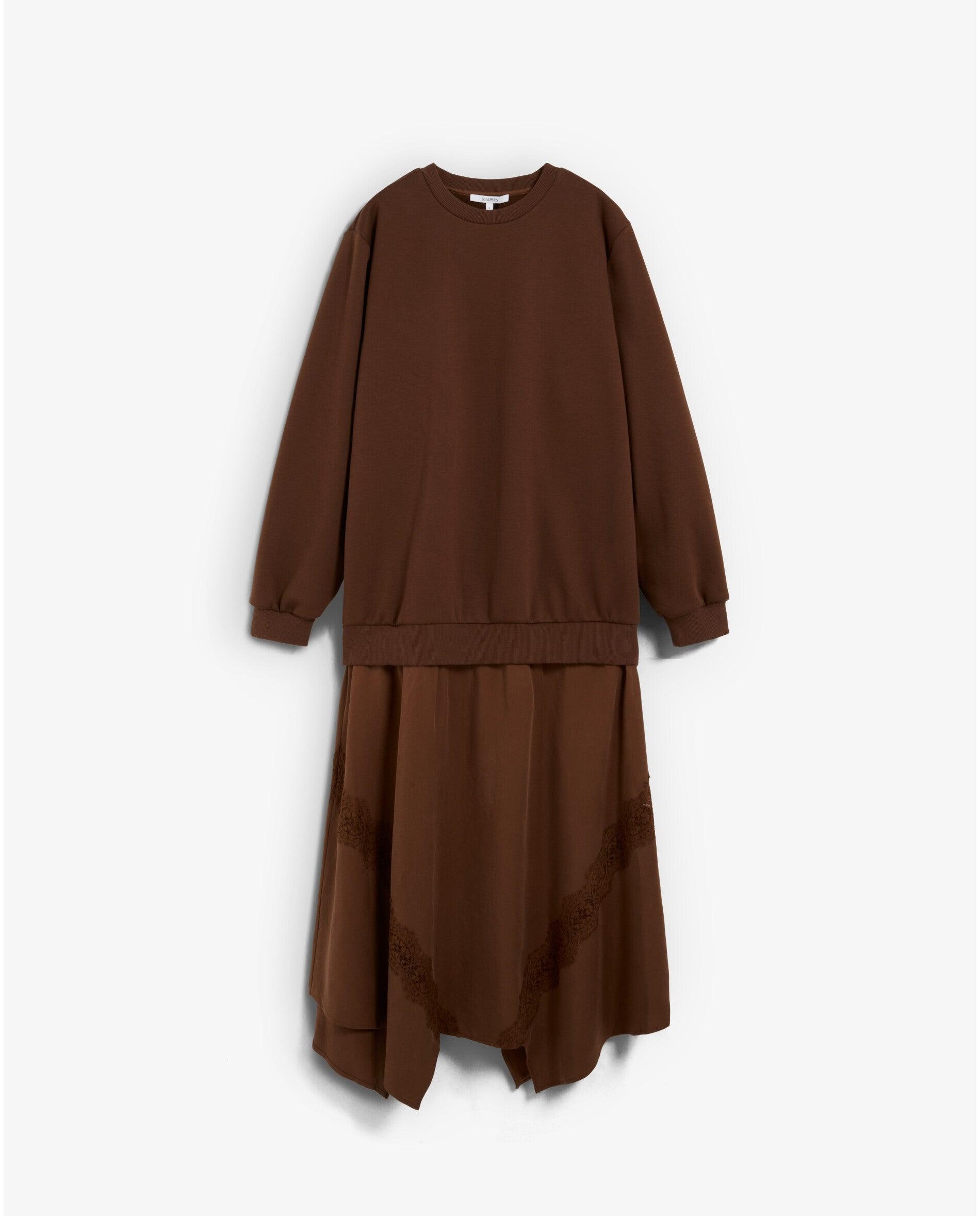 Vestido midi combinado con detalles de encaje a tono - Scalpers - Marrón Marrón-1