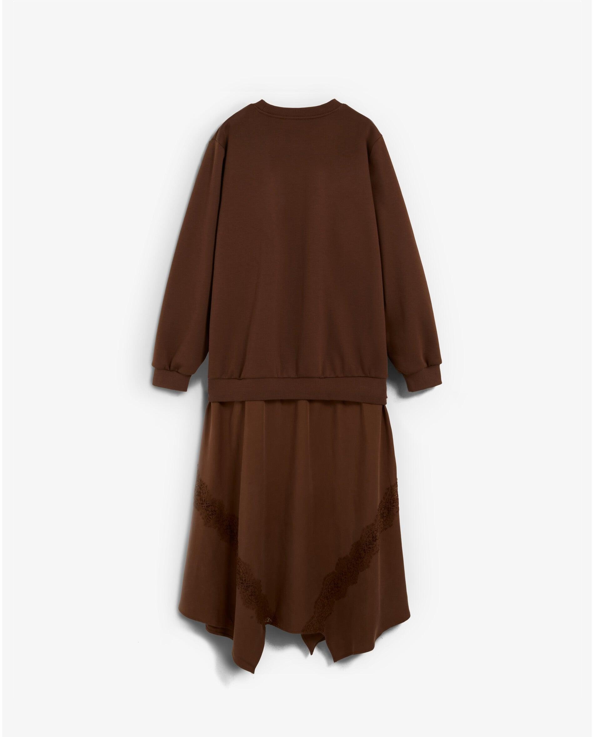 Vestido midi combinado con detalles de encaje a tono - Scalpers - Marrón Marrón-2