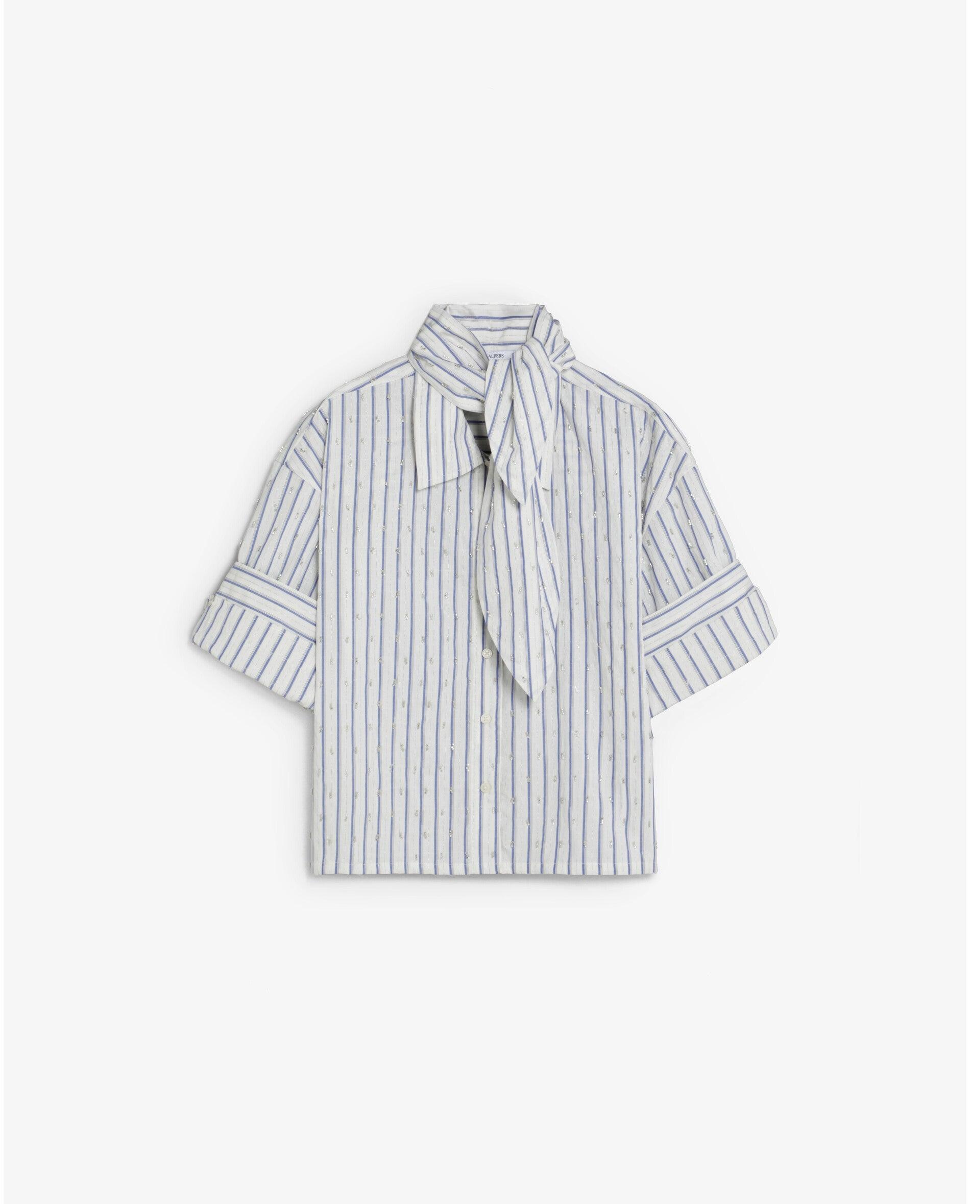 Camisa de mujer de rayas con bordados y lazada en el cuello - Scalpers - Azul Azul-1