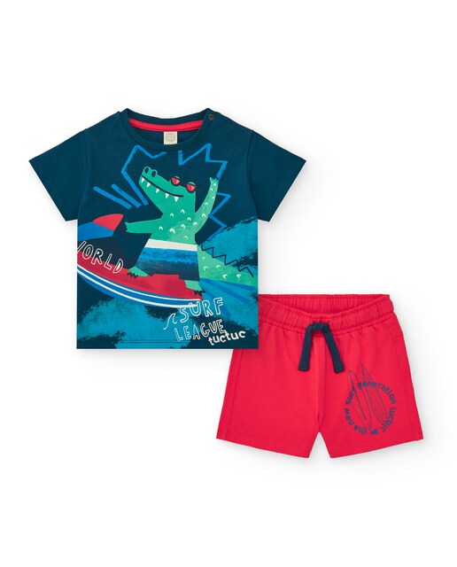 Imagen 0 de Conjunto de bebé niño con camiseta azul y bermuda roja