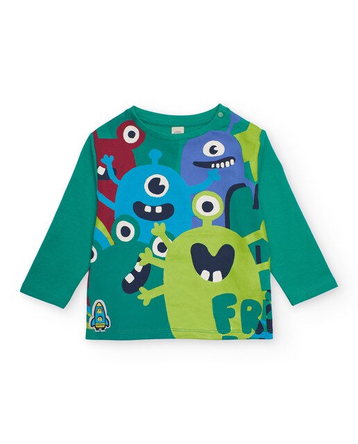 Imagen 0 de Camiseta de punto de bebé color verde con estampado de monstruos