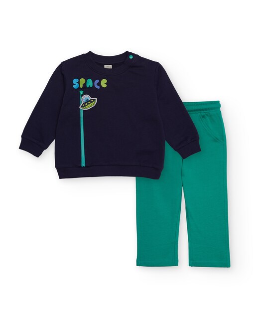 Imagen 0 de Conjunto de sudadera y pantalón de bebé en azul marino y verde con estampado espacial