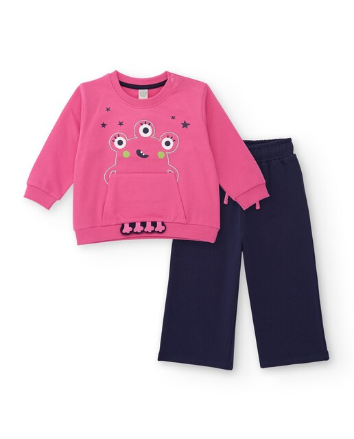 Imagen 0 de Conjunto para niña de sudadera rosa con diseño de monstruo y pantalón azul marino