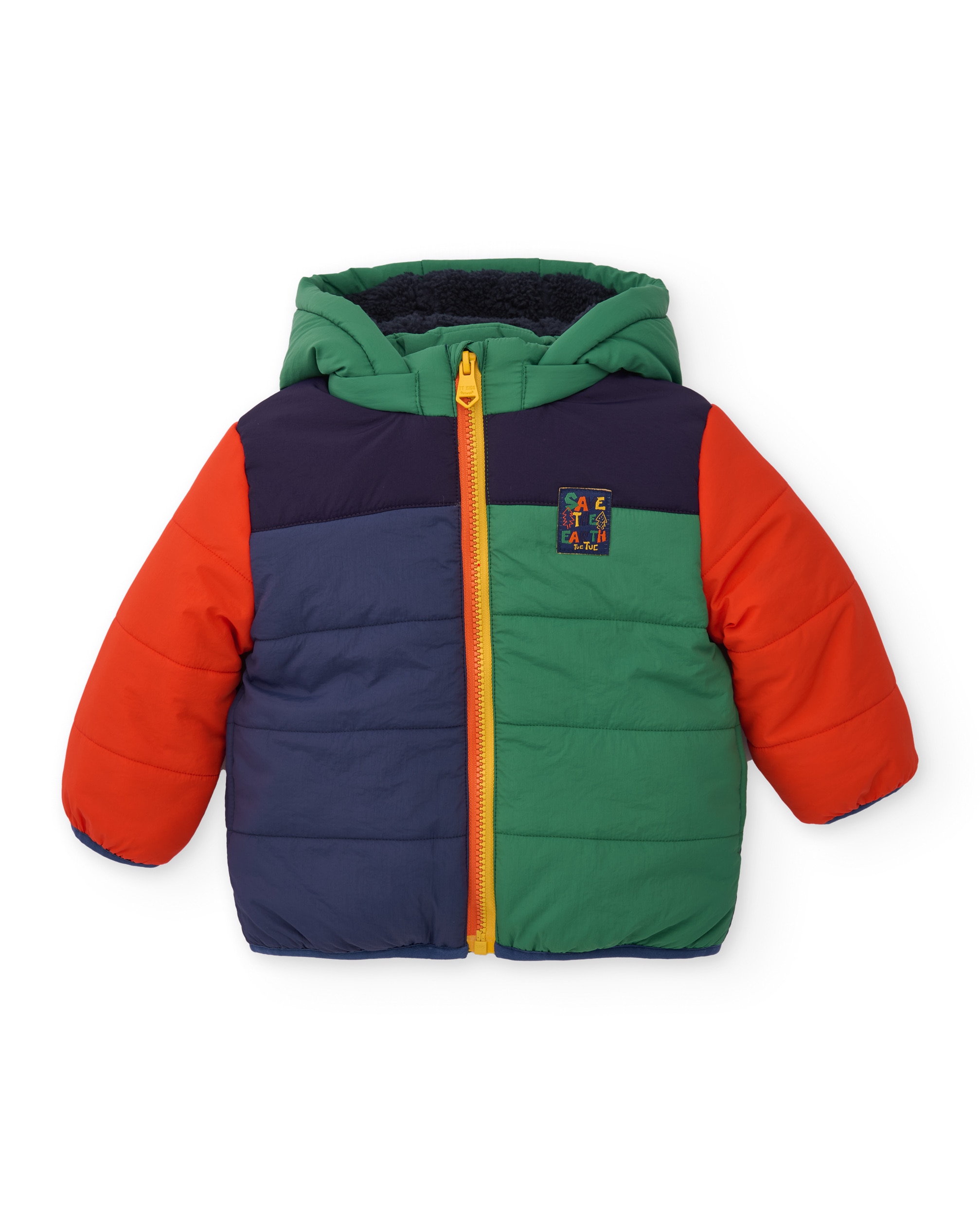 Chaqueta acolchada de bebé en bloques de color verde, azul marino y naranja
