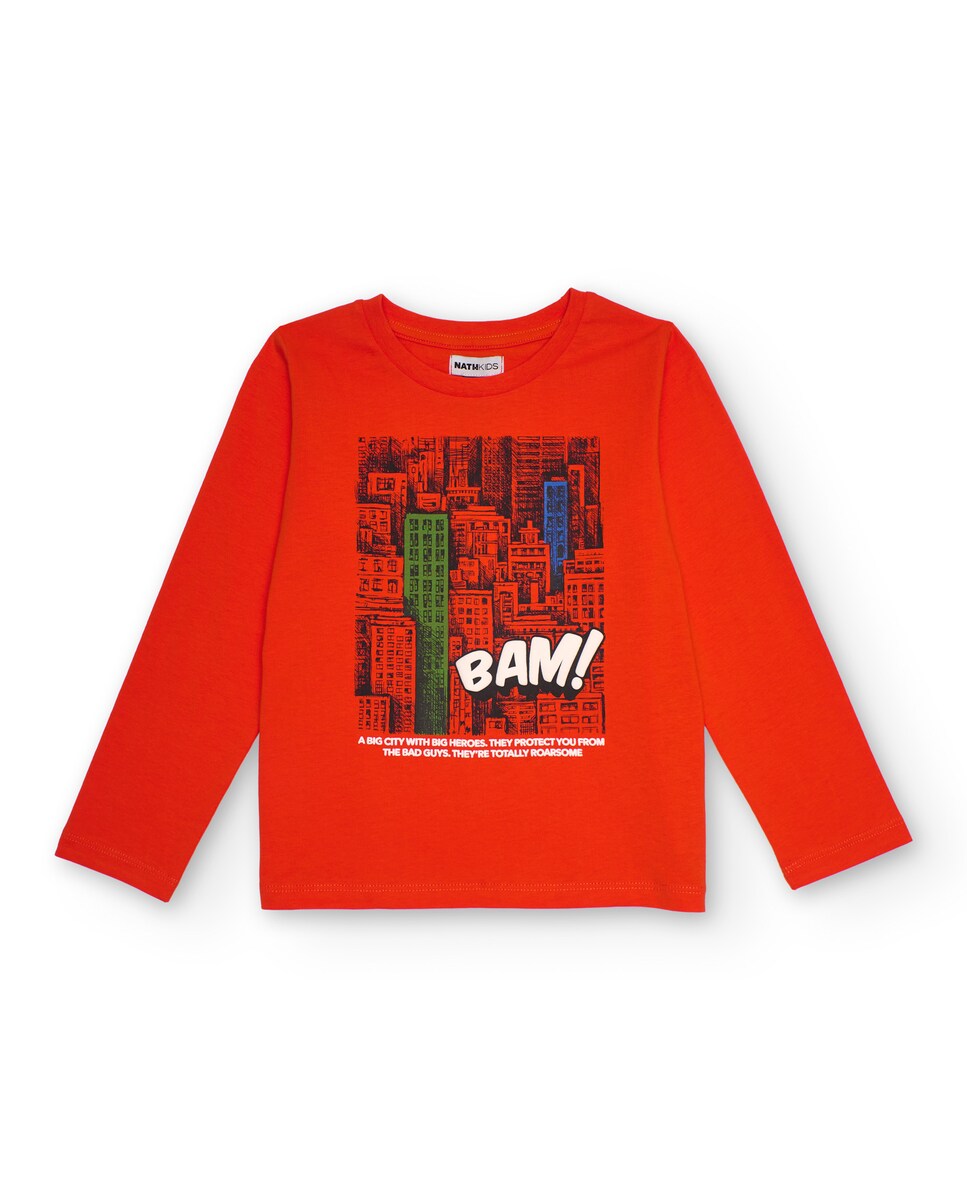 Camiseta de manga larga para niño color naranja con estampado