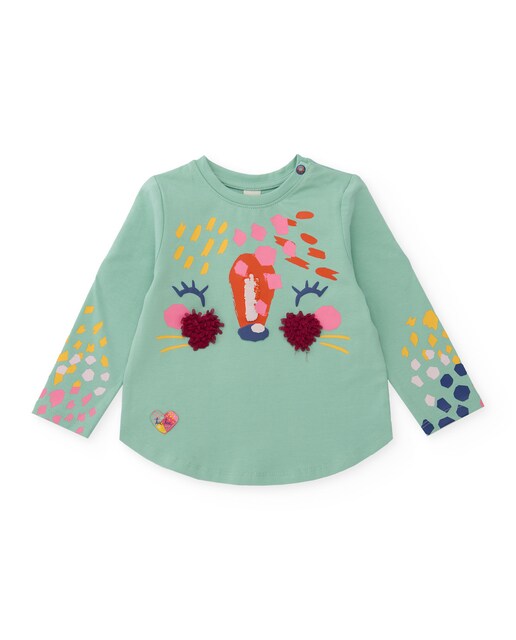 Imagen 0 de Camiseta de manga larga de bebé color verde menta con diseño de carita de animal