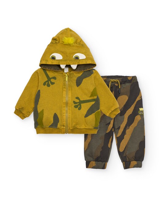 Imagen 0 de Conjunto para niño con sudadera y pantalón en tonos mostaza y camuflaje con diseño de monstruo