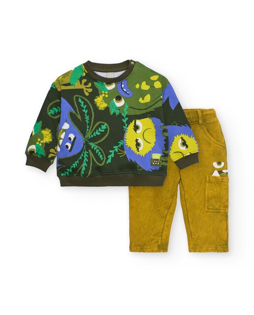 Imagen 0 de Conjunto de bebé con sudadera estampada de criaturas divertidas y pantalón mostaza