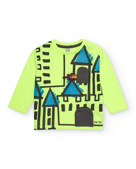 Imagen 0 de Camiseta de manga larga de bebé en verde neón con estampado de castillo