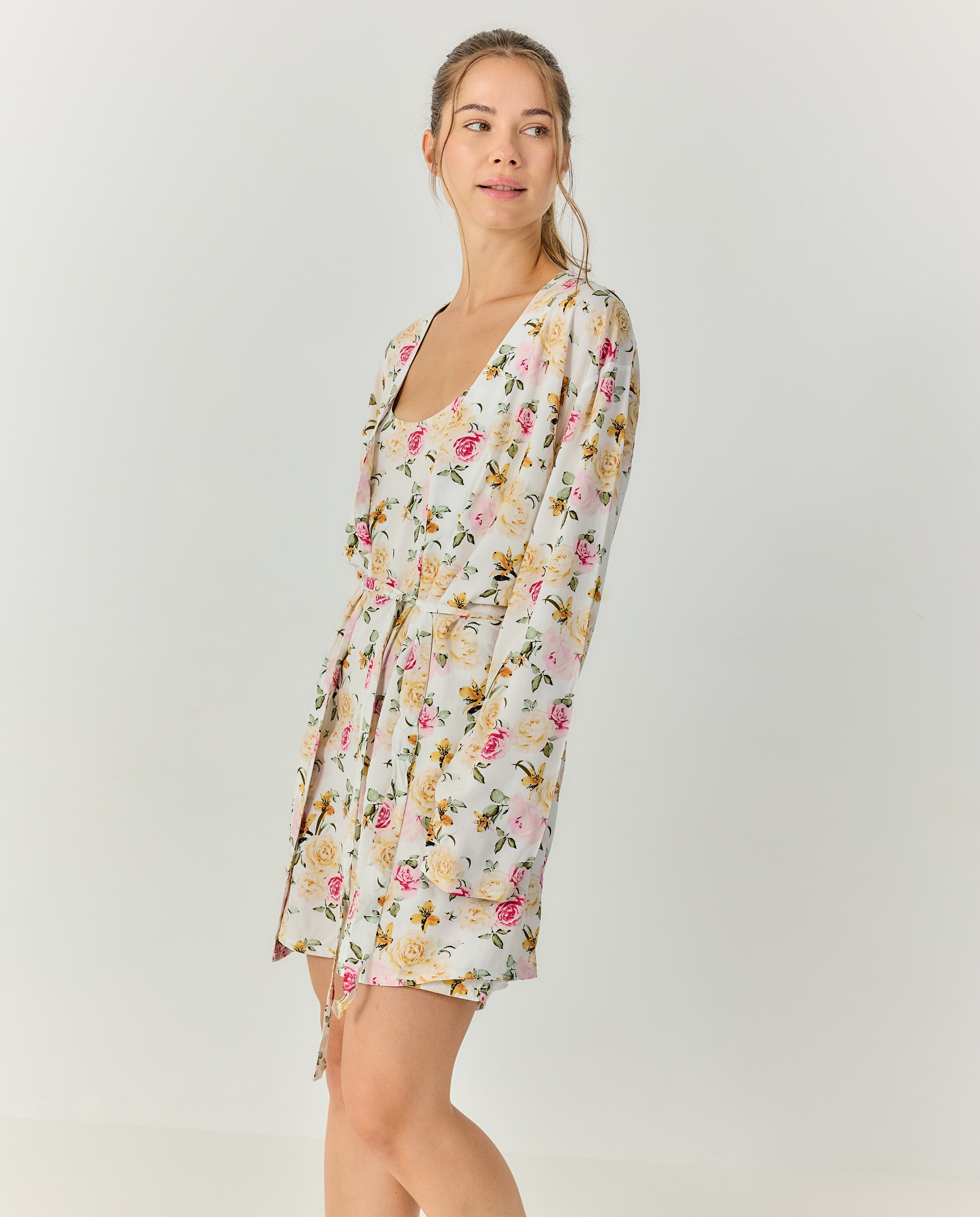 Kimono mujer escote redondo estampado floral - J&J Brothers - Rosa Rosa-3