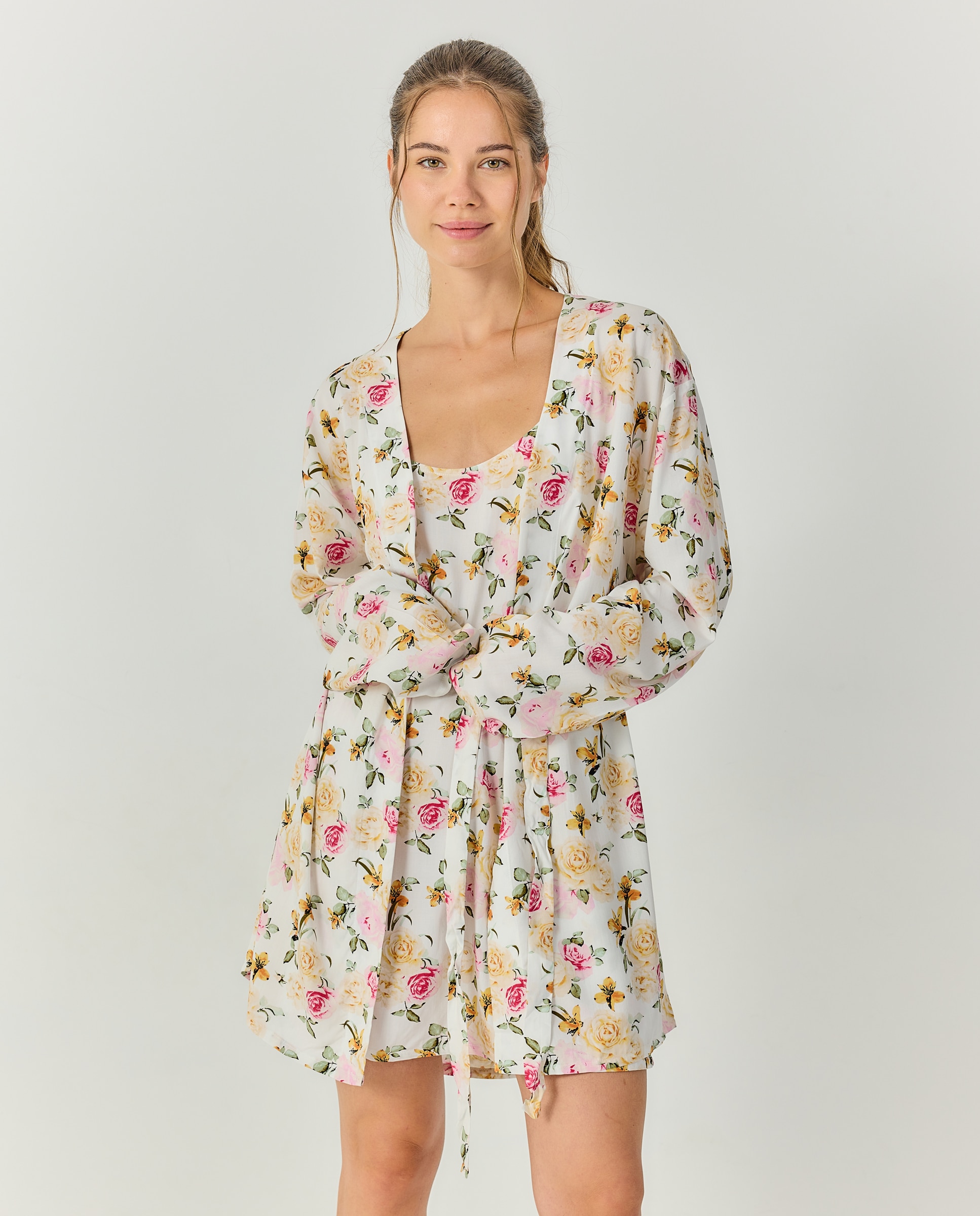 Kimono mujer escote redondo estampado floral - J&J Brothers - Rosa Rosa-4