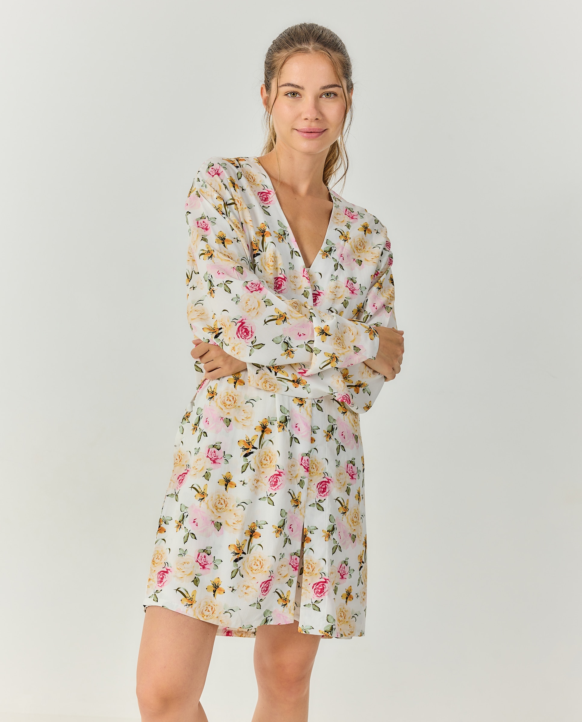 Kimono mujer escote redondo estampado floral - J&J Brothers - Rosa Rosa-5