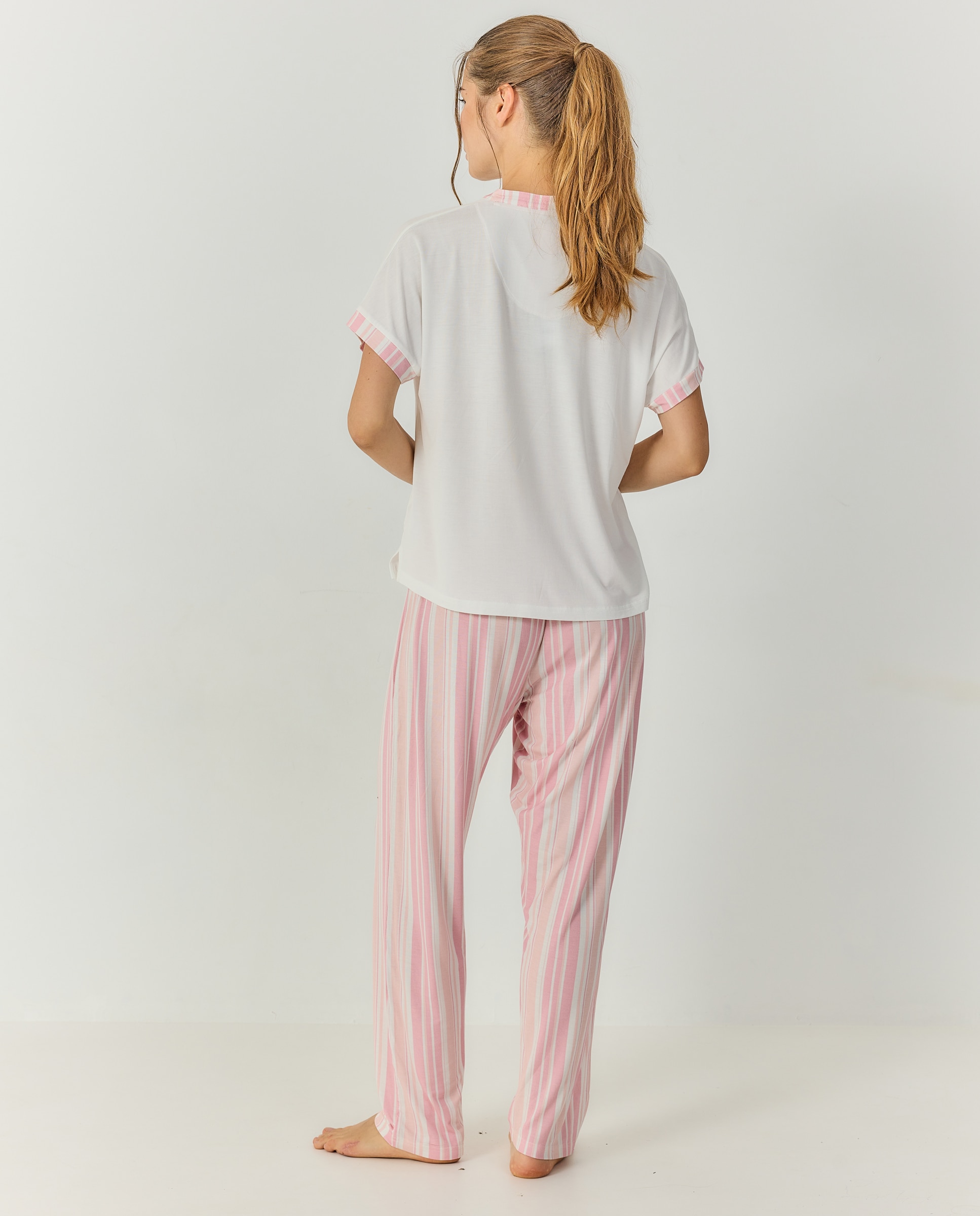 Pijama mujer manga corta escote henley - J&J Brothers - Rosa Rosa-2