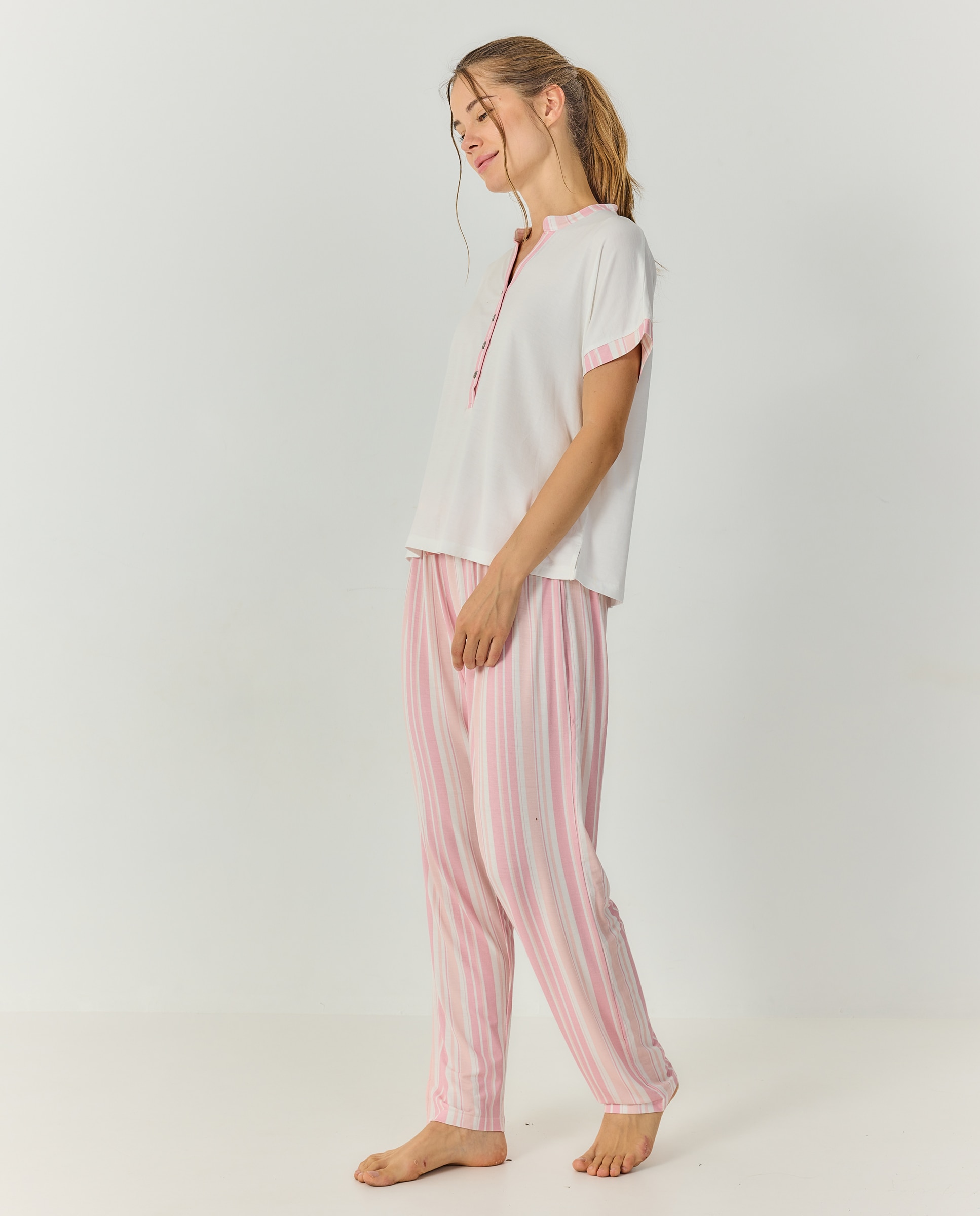 Pijama mujer manga corta escote henley - J&J Brothers - Rosa Rosa-3