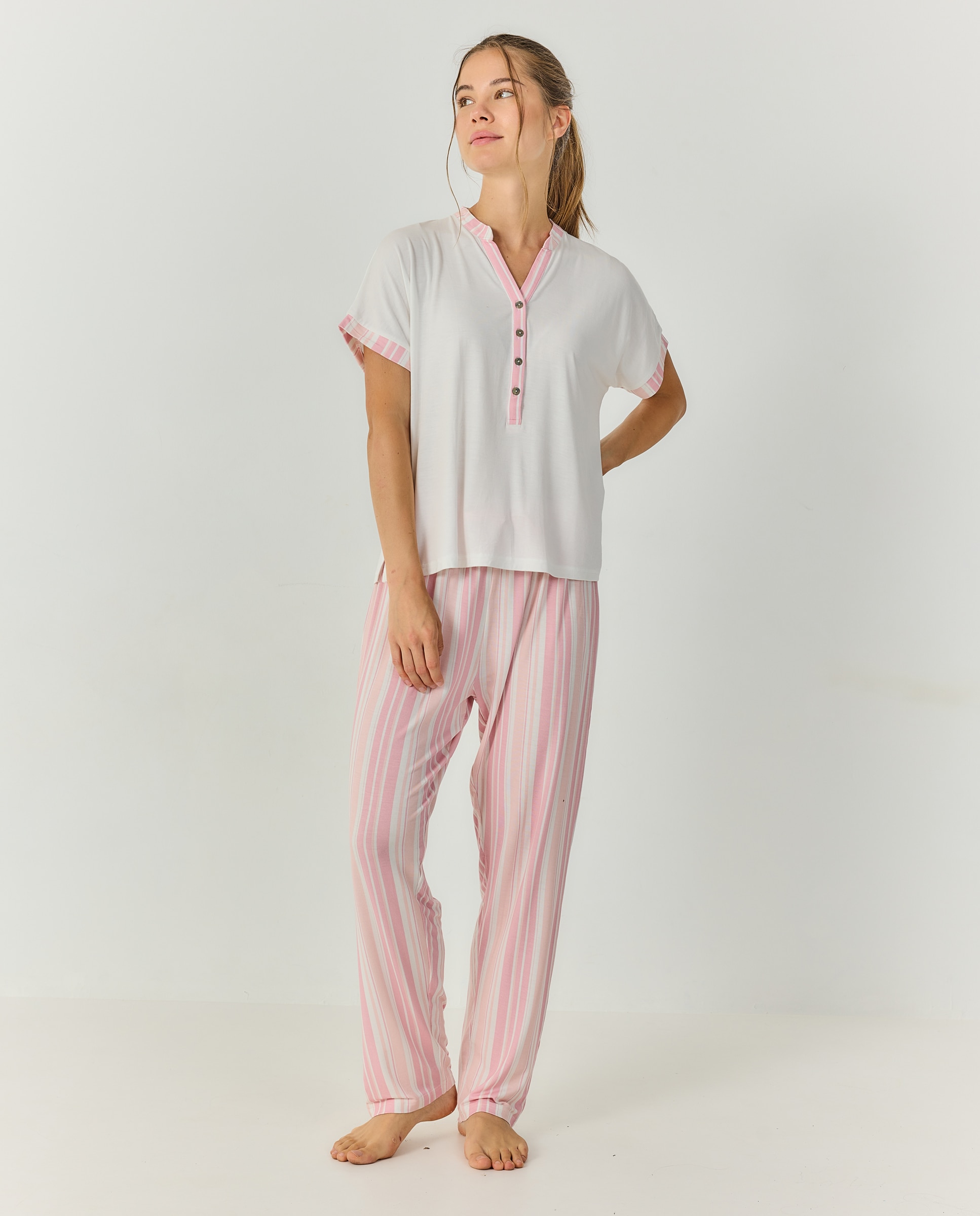 Pijama mujer manga corta escote henley - J&J Brothers - Rosa Rosa-4