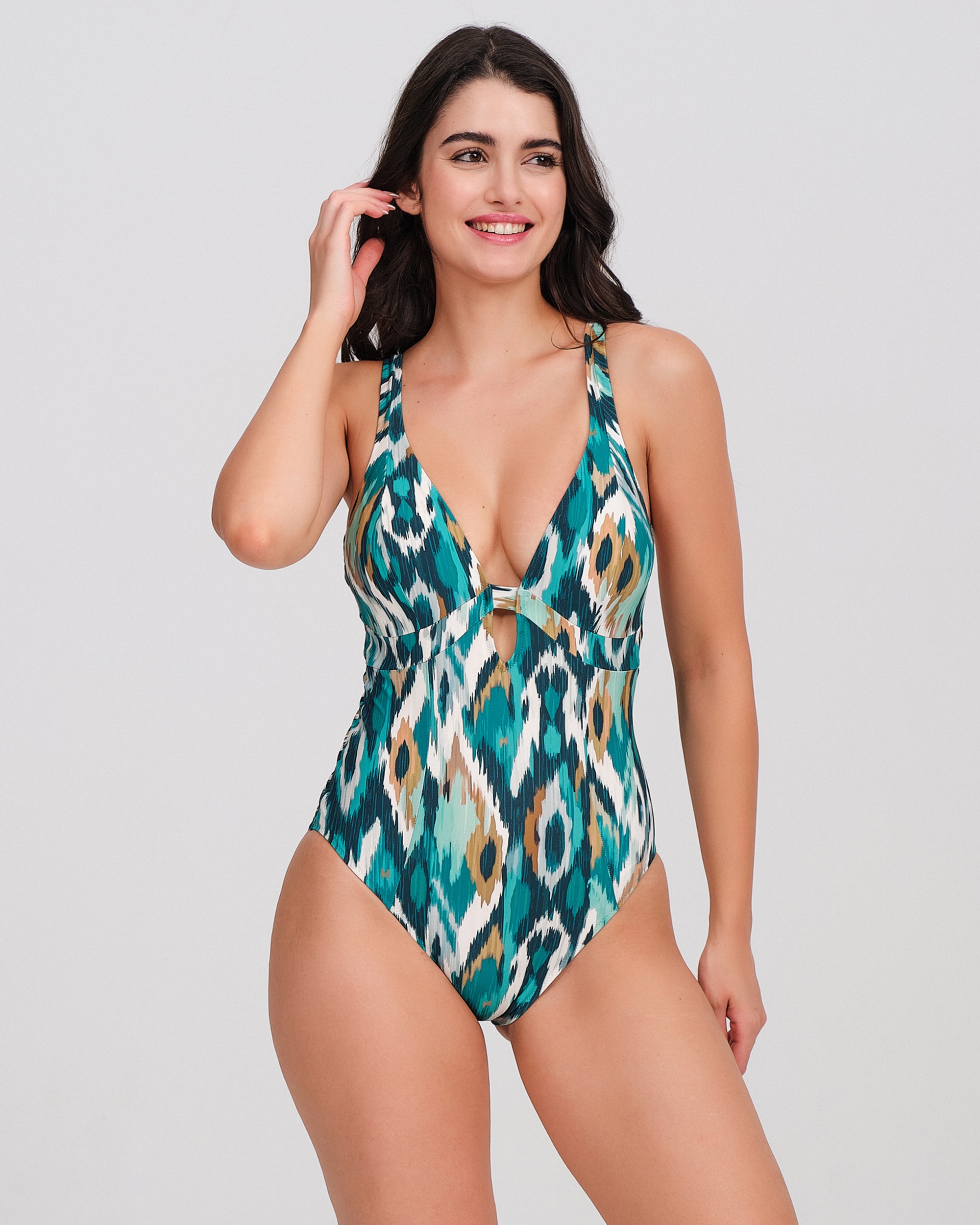 Bañador mujer reductor estampado escote pico - Carey - Verde Agua Verde Agua-1