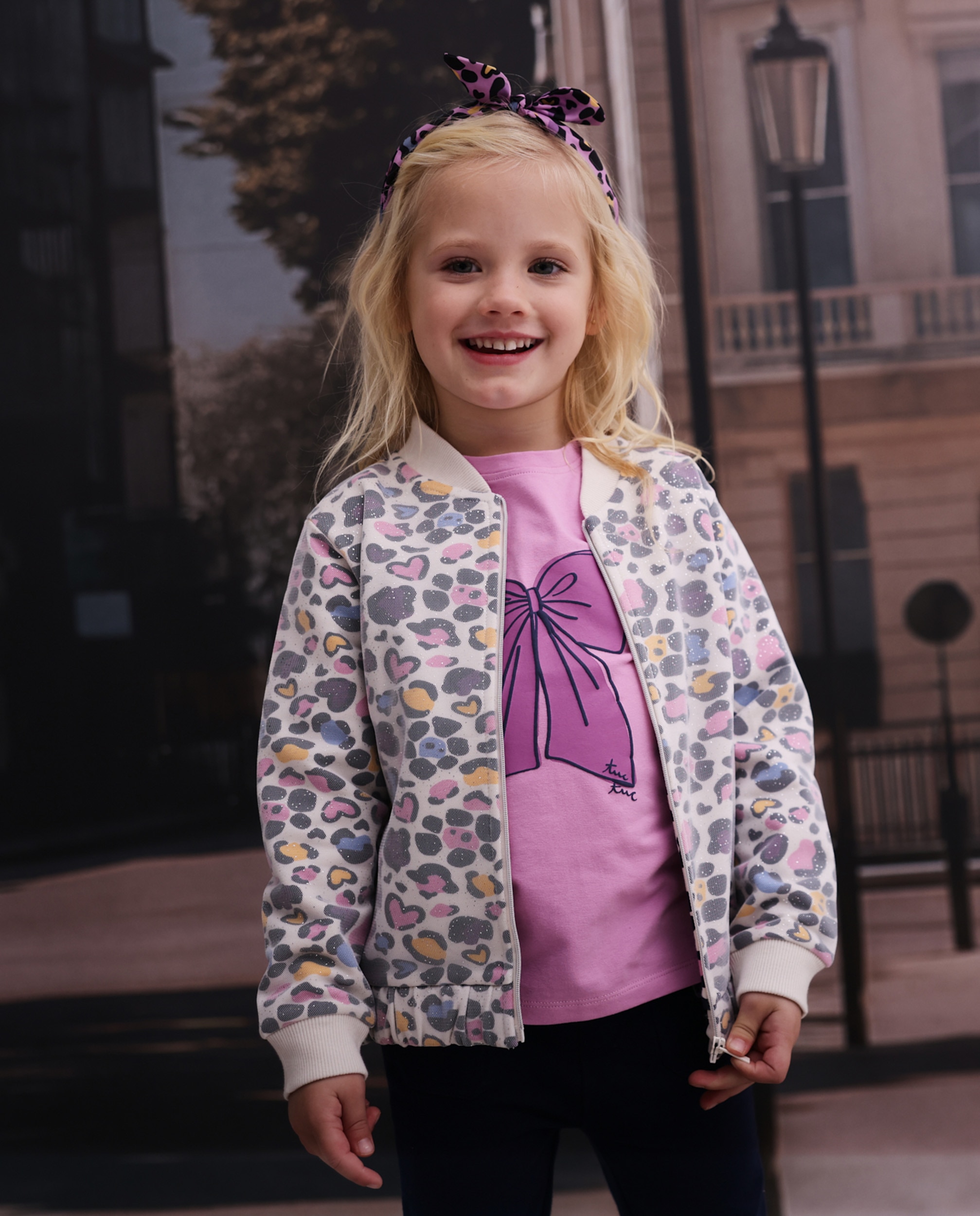 Camiseta de niña de punto con detalle de lazo y gráfico divertido - Tuc tuc - Rosa Rosa-1