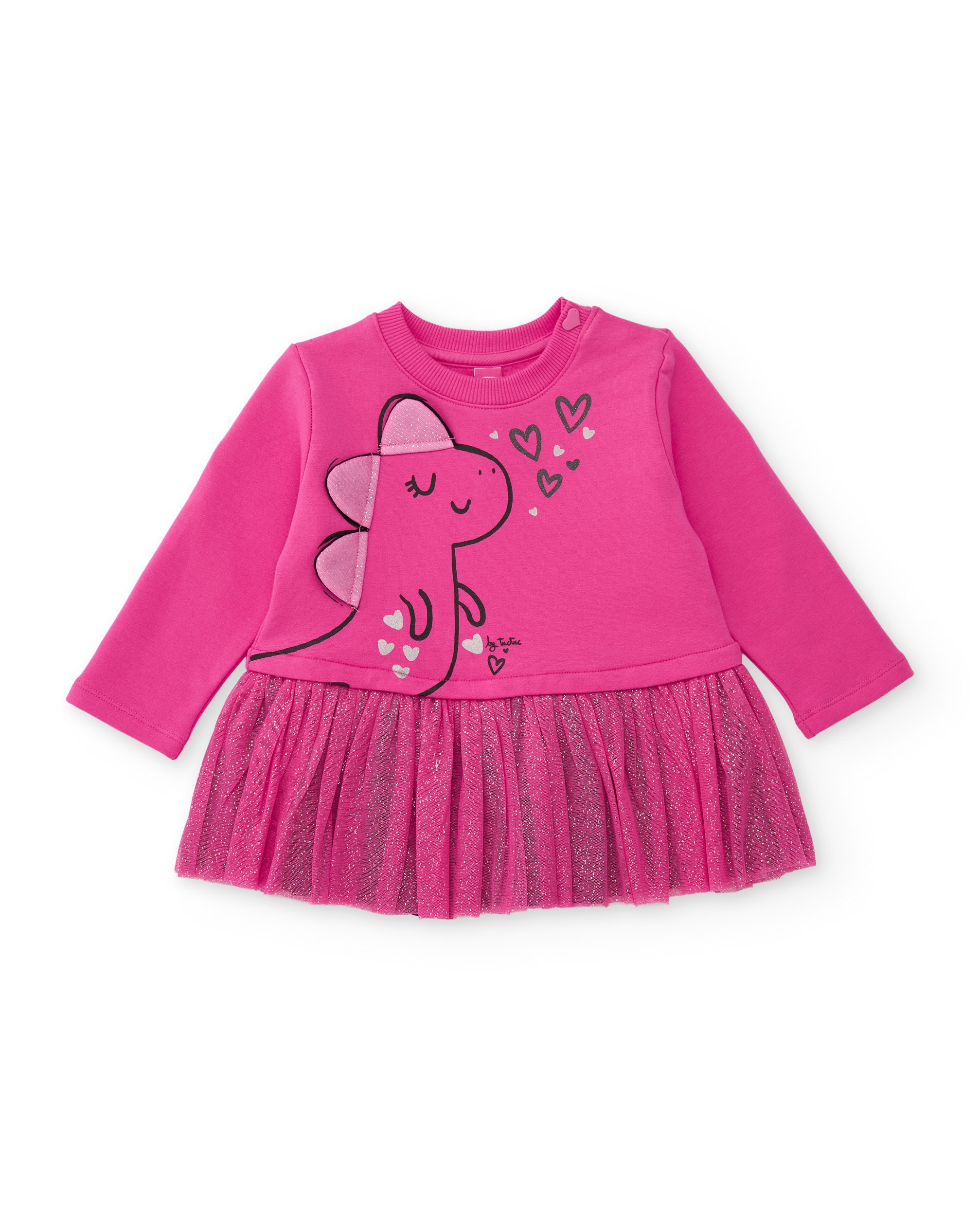 Imagen 0 de Vestido de niña de punto y felpa con diseño de dinosaurio y volante Fucsia