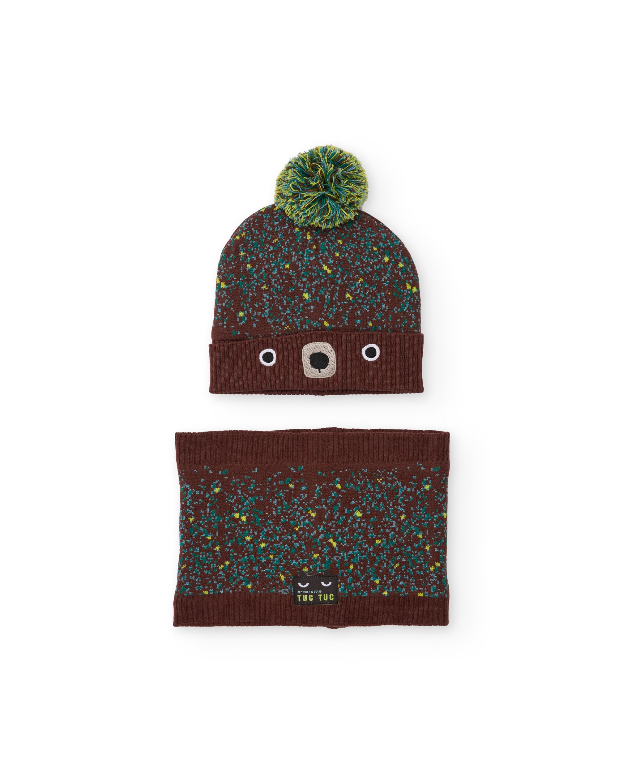 Set de niño de tricot con gorro y braga de cuello con motivo divertido - Tuc tuc - Marrón oscuro Marrón oscuro-1