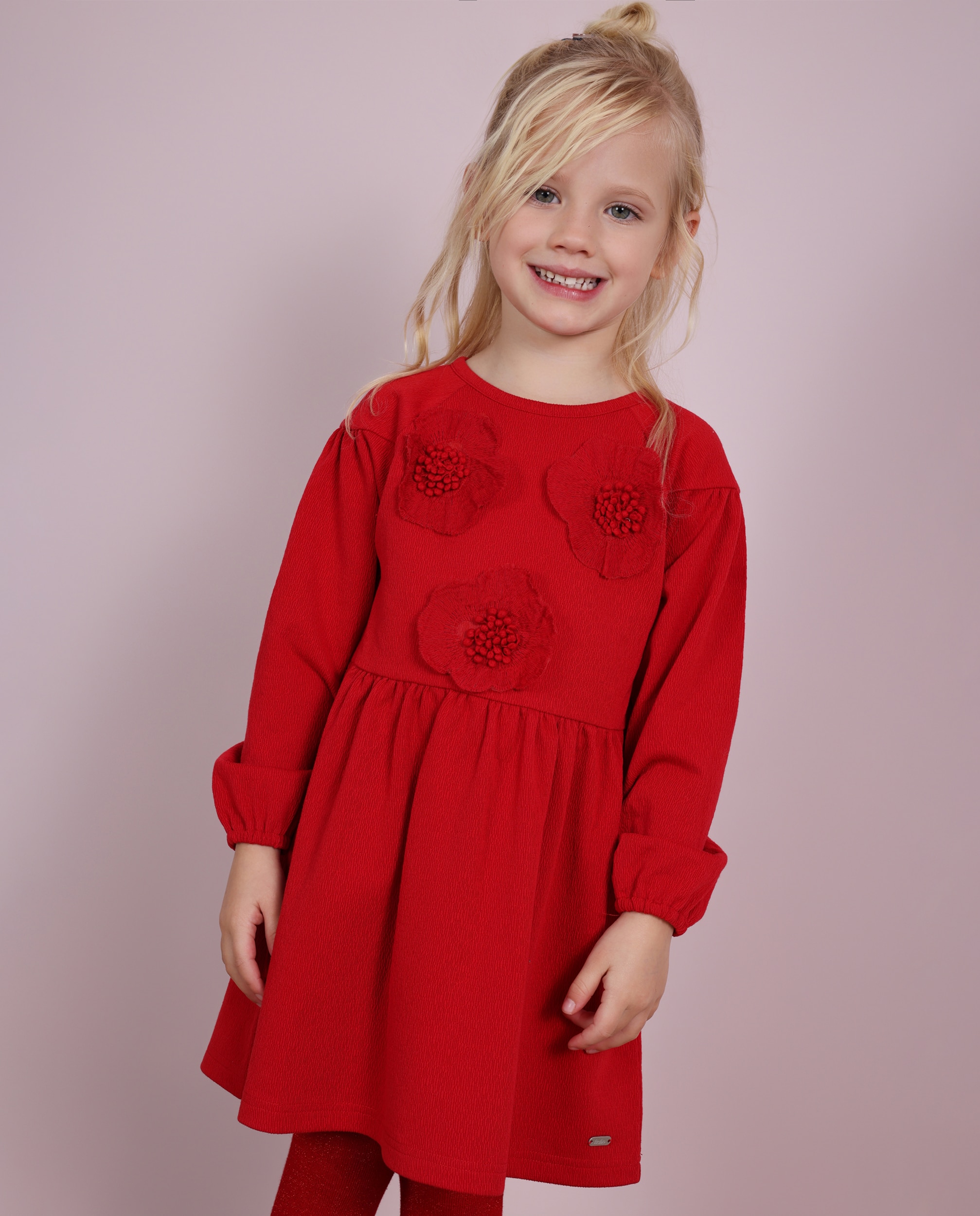 Imagen 0 de Vestido de niña de tela plana con print de flores y manga larga Rojo