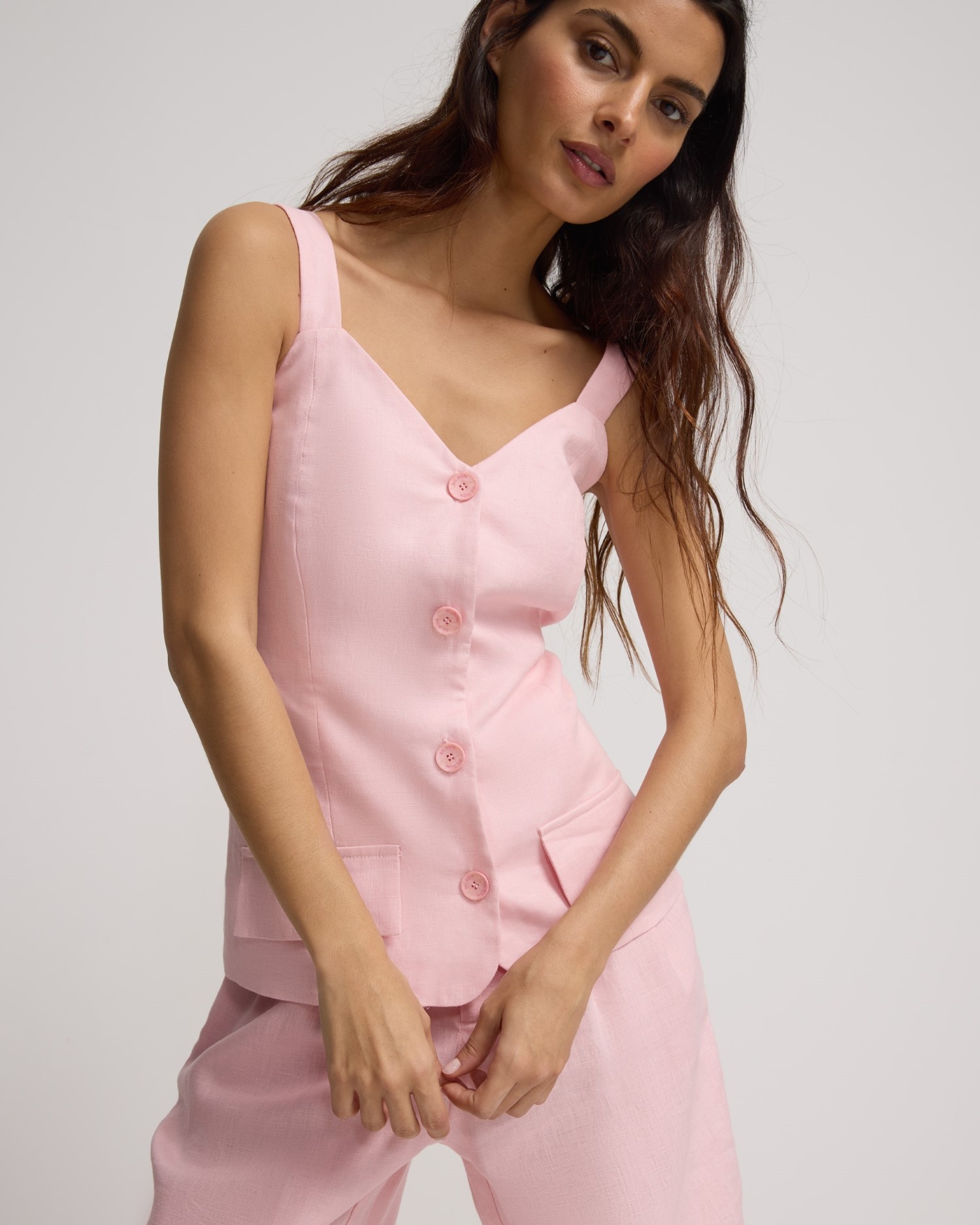 Chaleco de mujer lino botones rosa