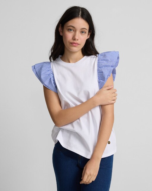 Imagen 0 de Camiseta de mujer volantes rayas blanca