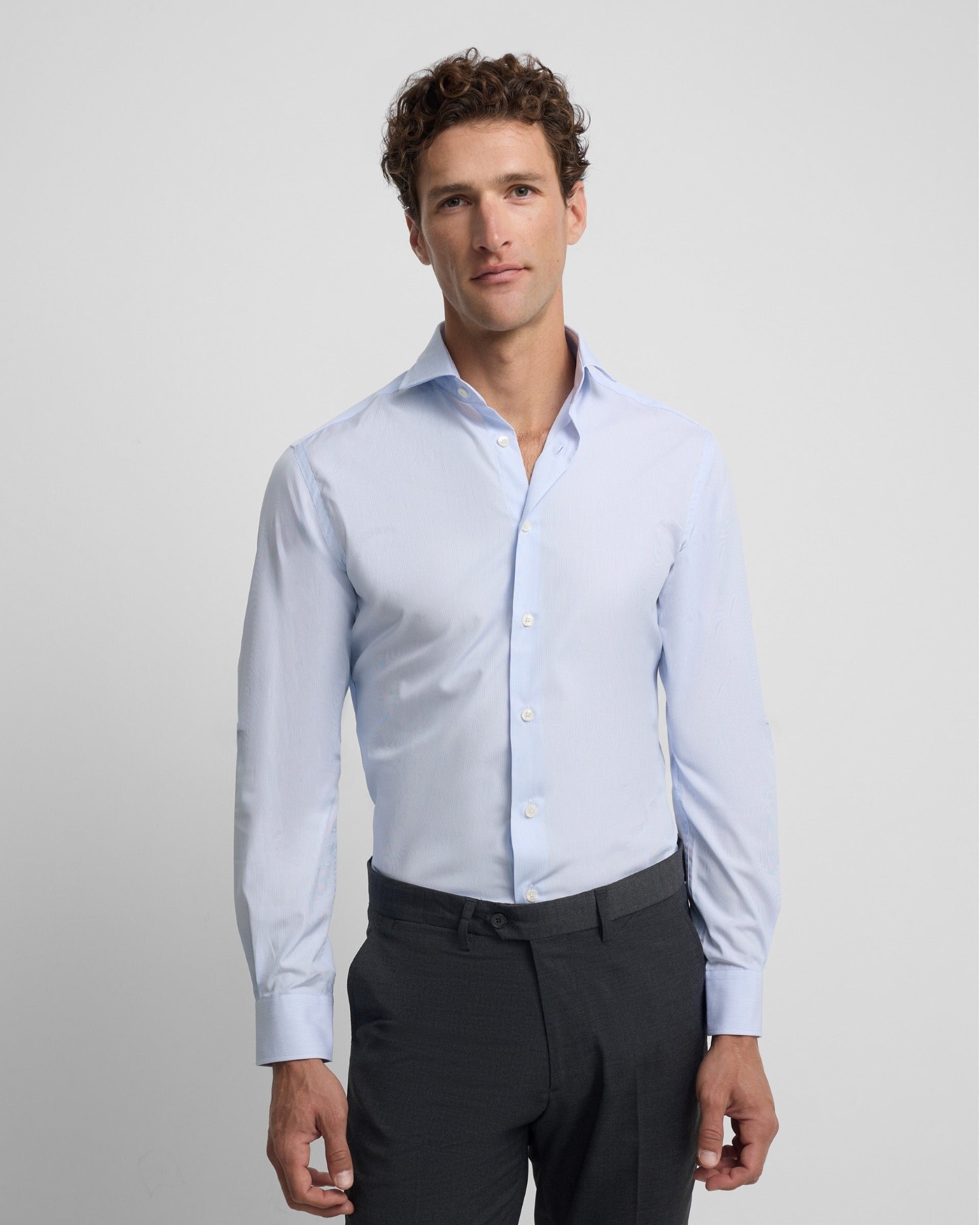 Camisa vestir de hombre mini rayas puño simple - Silbon - Azul celeste Azul celeste-1