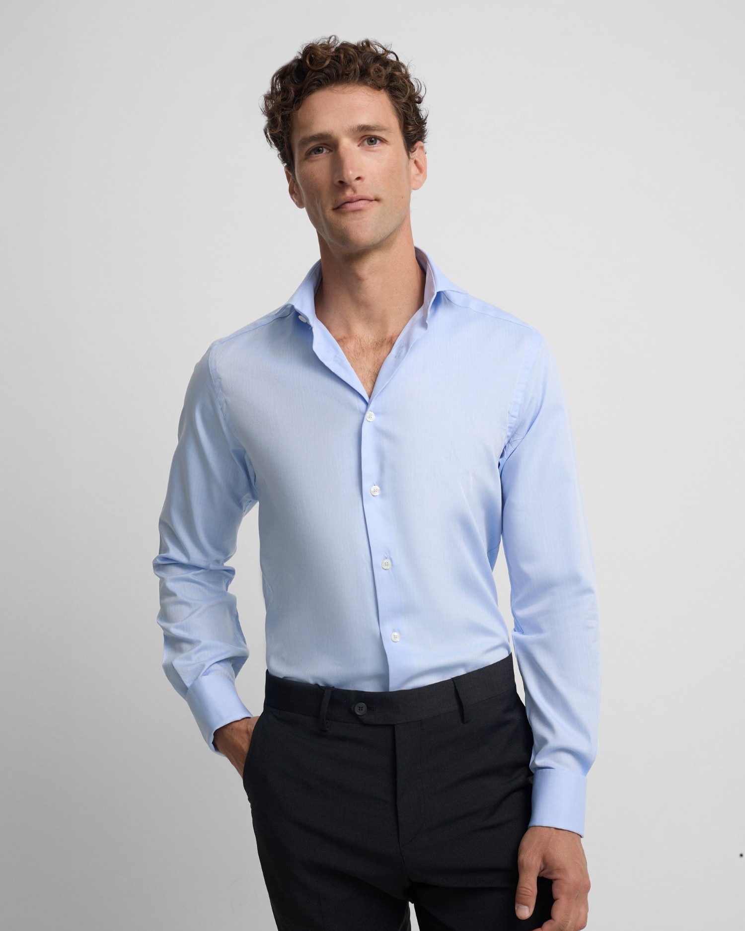 Camisa de vestir de hombre espiga puño doble - Silbon - Azul celeste Azul celeste-1