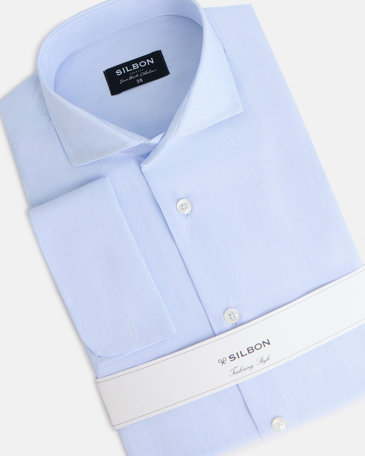 Camisa de vestir de hombre mini rayas puño doble - Silbon - Azul celeste Azul celeste-4