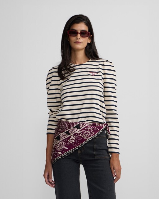Imagen 0 de Camiseta de mujer botones rayas azul marino y crudo