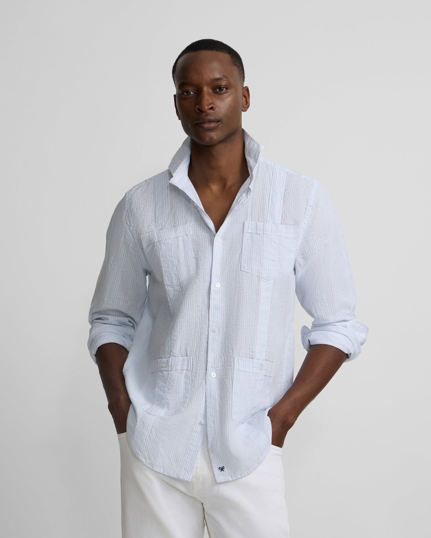 Imagen 0 de Guayabera sport lino rayas celeste de hombre Azul celeste