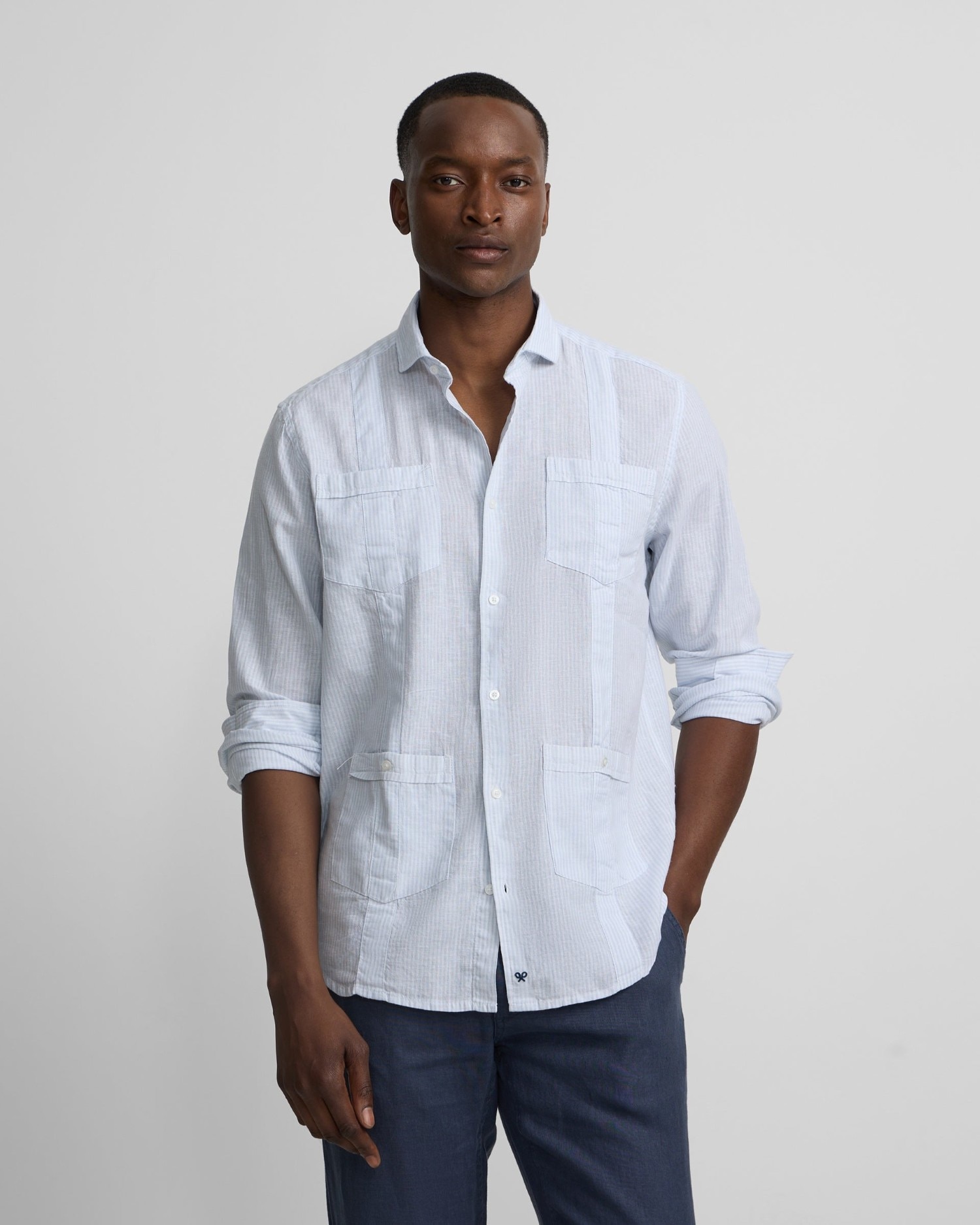 Imagen 0 de Guayabera sport lino rayas verdes de hombre Verde