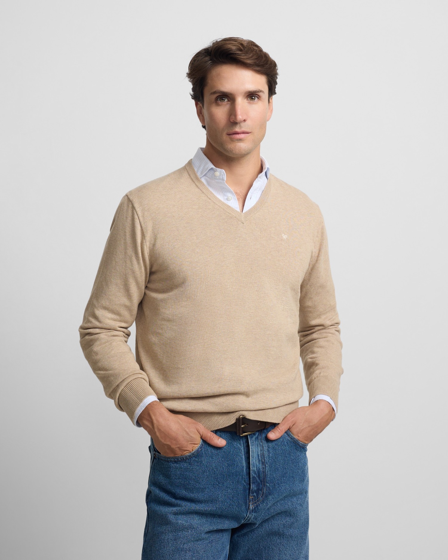 Imagen 0 de Jersey de hombre liso cuello pico Beige